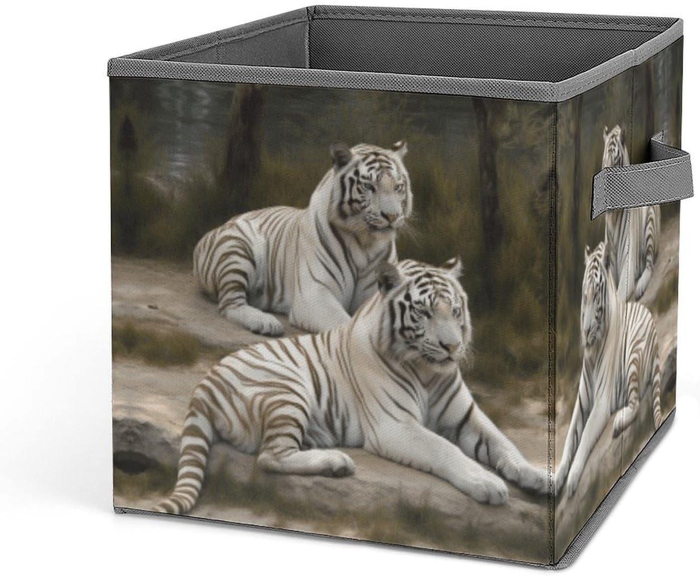 White Tigers Storage Bins with Handles Fashion Large Storage Cubes Sturdy Foldable Storage Boxes Space-Saving Storage Baskets for Home Office Clothes Closet Organizers