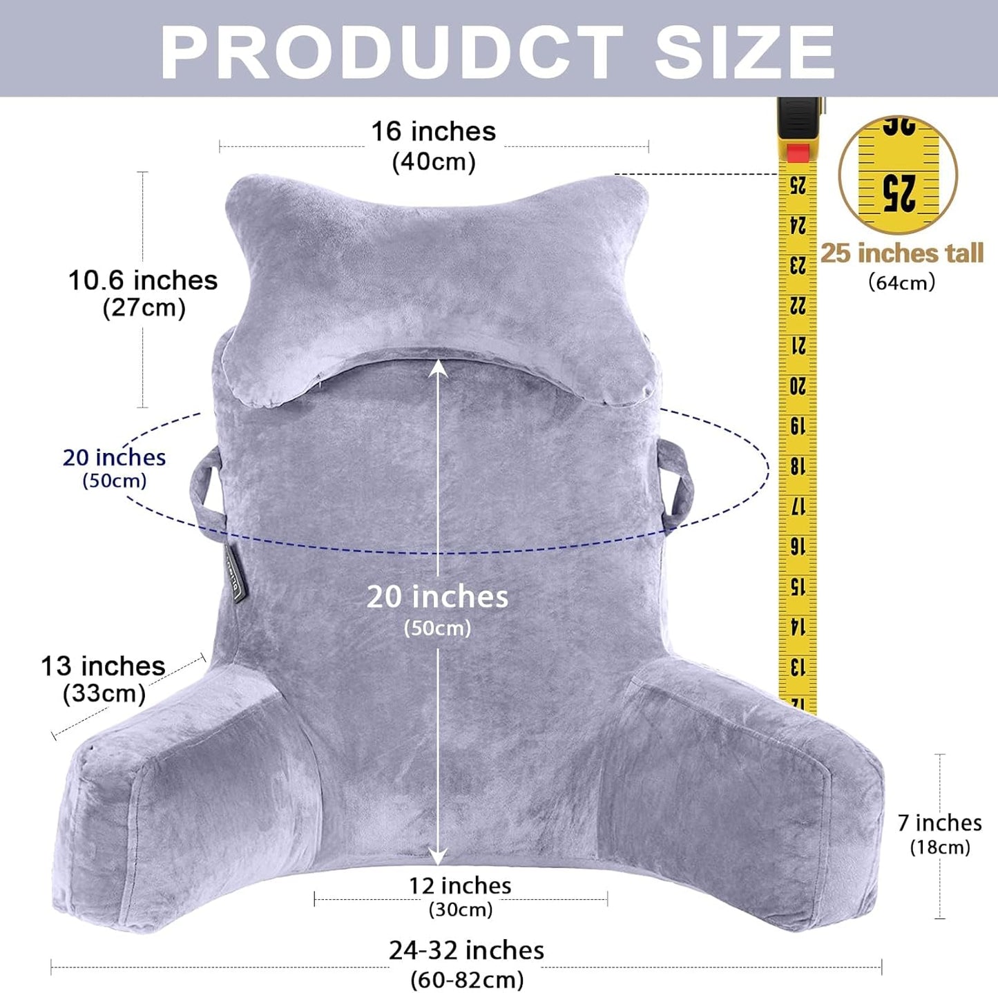 SLIGUY Reading Pillow-Bed Rest Pillow with Detachable Neck Roll & Support Arm for Sitting in Bed Couch or Floor-Backrest Reading Pillow Adult Back Pillow for Reading/Watching TV/Gaming/Relaxing,Grey