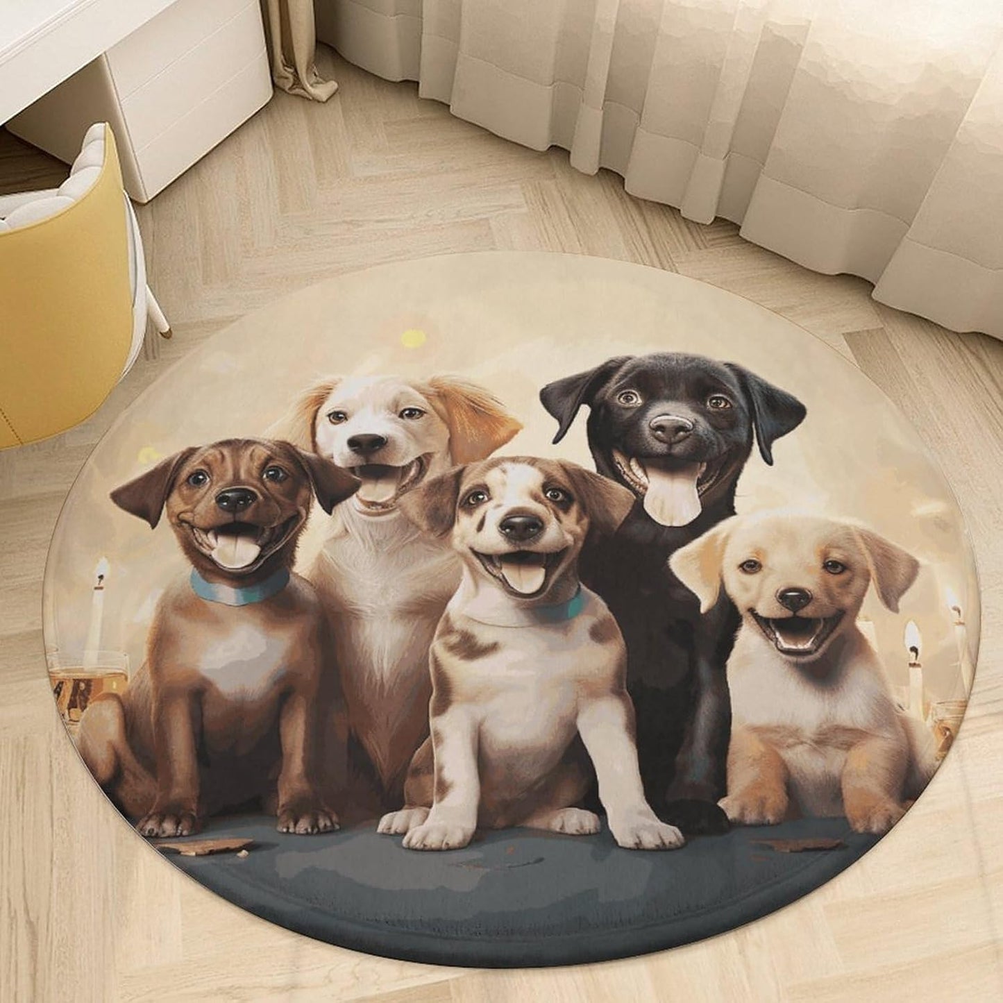 Dogs Happy Party Circle Rug Retro Luxury Coral Velvet Floor Mat Non Slip Soft Indoor Floor Carpet Comfy Thickened Area Rugs Modern Aesthetic Minimalist Carpets for Home Decor