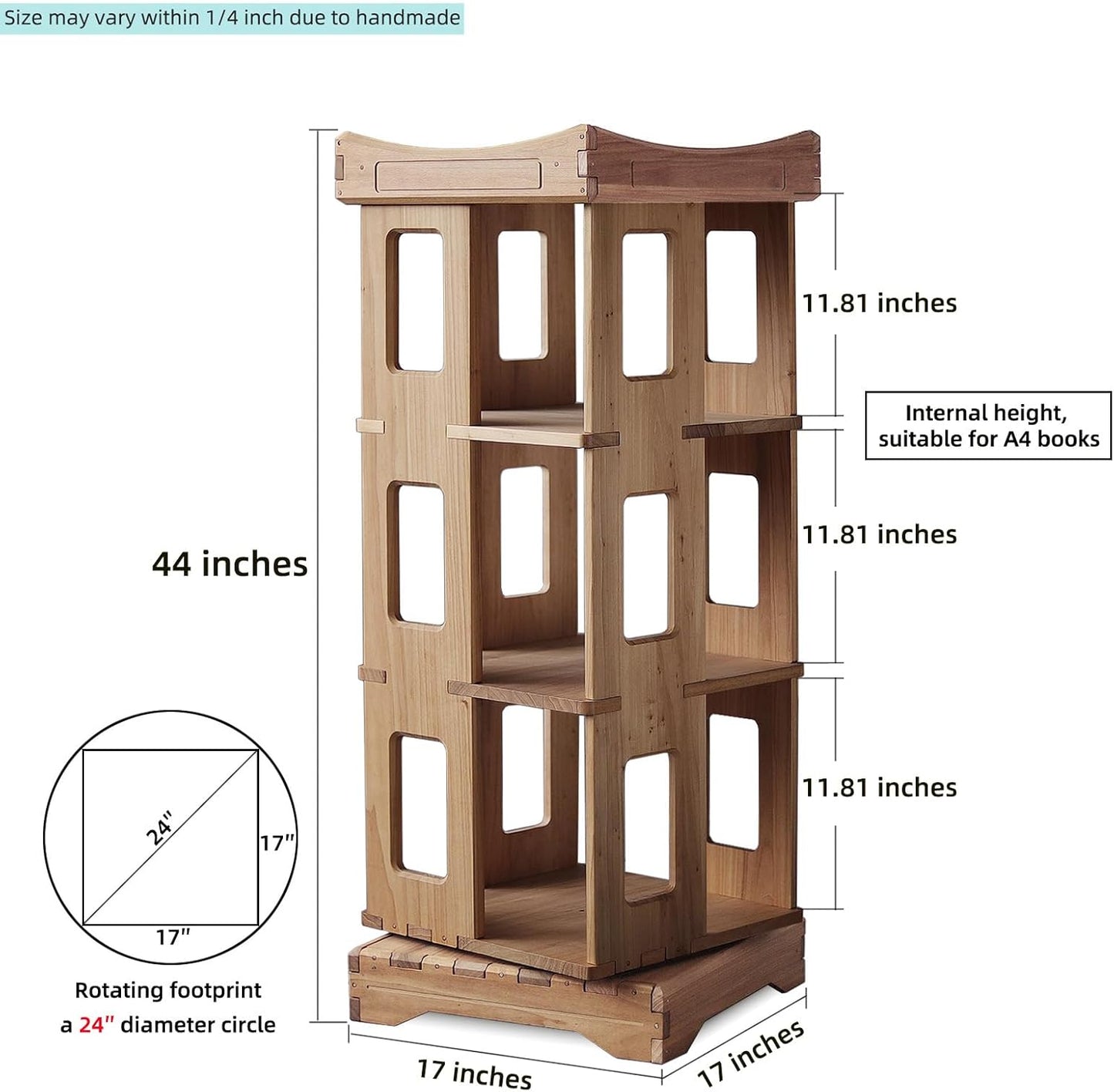 Wooden Rotating Bookshelf, Larger Solid Wood Revolving Bookcase,360°Spinning Book Shelf Tower,Floor Standing Storage Rack,Corner Organizer for Small Space,Study,Office,17"x17"x44"(3-Tier)