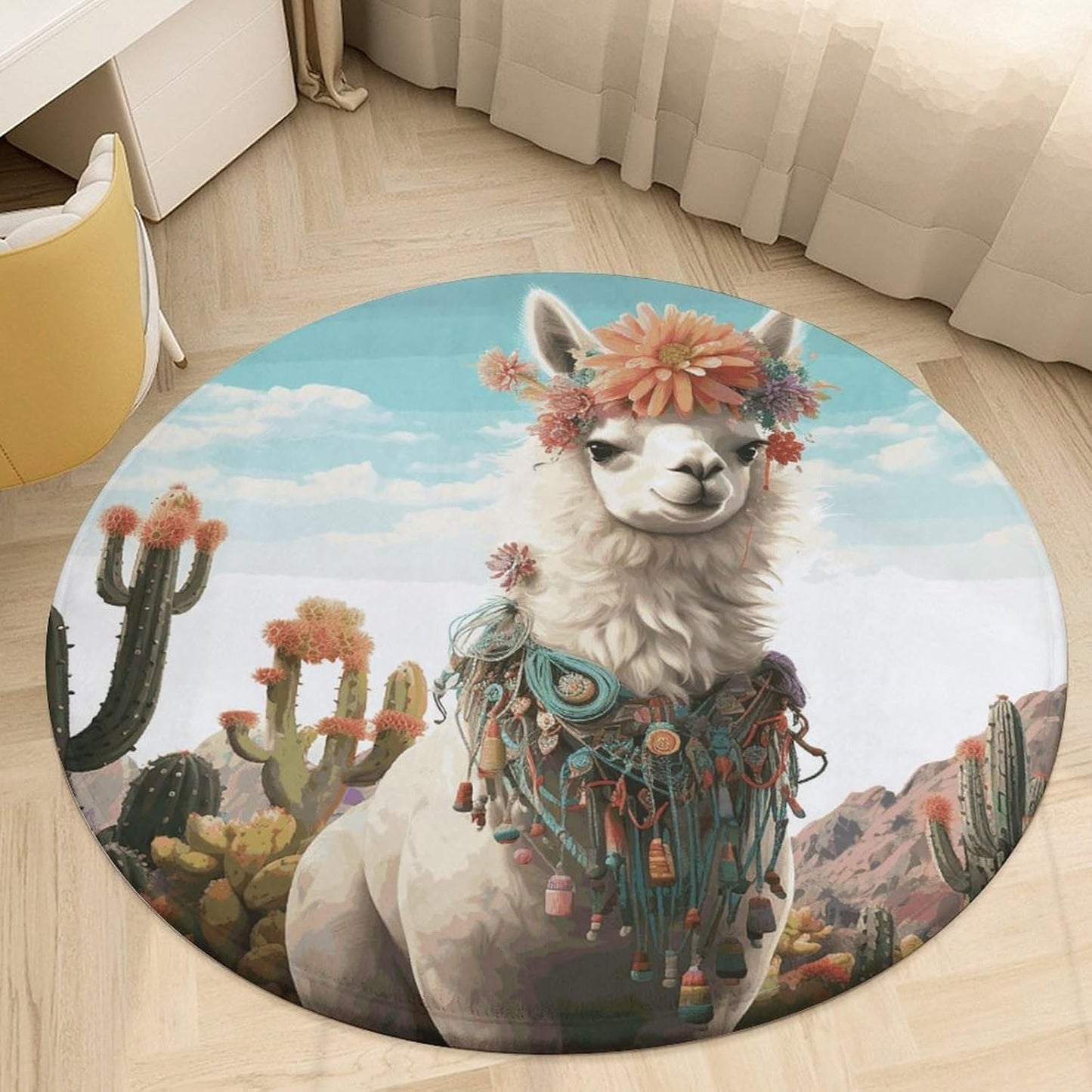 Mexican Llama Cactus Circle Rug Retro Luxury Coral Velvet Floor Mat Non Slip Soft Indoor Floor Carpet Comfy Thickened Area Rugs Modern Aesthetic Minimalist Carpets for Home Decor