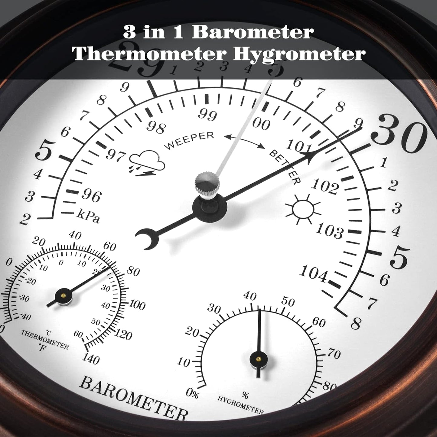 Lirches 8'' Barometer Thermometer Hygrometer - 3 in 1 Atmospheric Pressure Temperature Hygrometer Weather Station, Hanging Premium Steel Barometer for Home Wall, Fishing Boat, Baby Room, Office