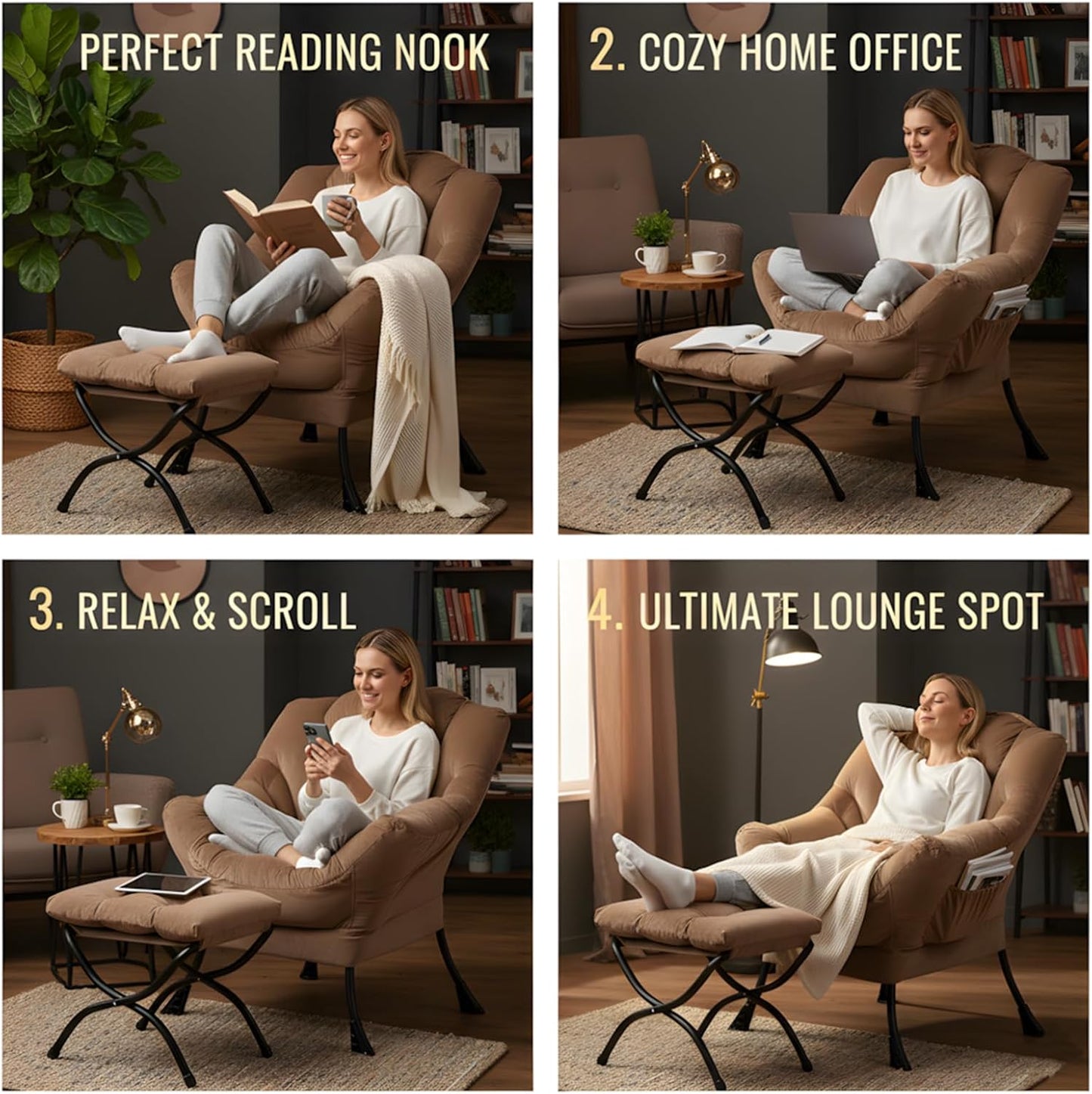 Tiita Lazy Chair with Ottoman, Khaki Modern Large Accent Chair, Comfy Leisure Sofa Armchair with Ottoman, Reading Chair with Footrest for Bedroom, Living Room, Dorm Rooms, Velvet Khaki