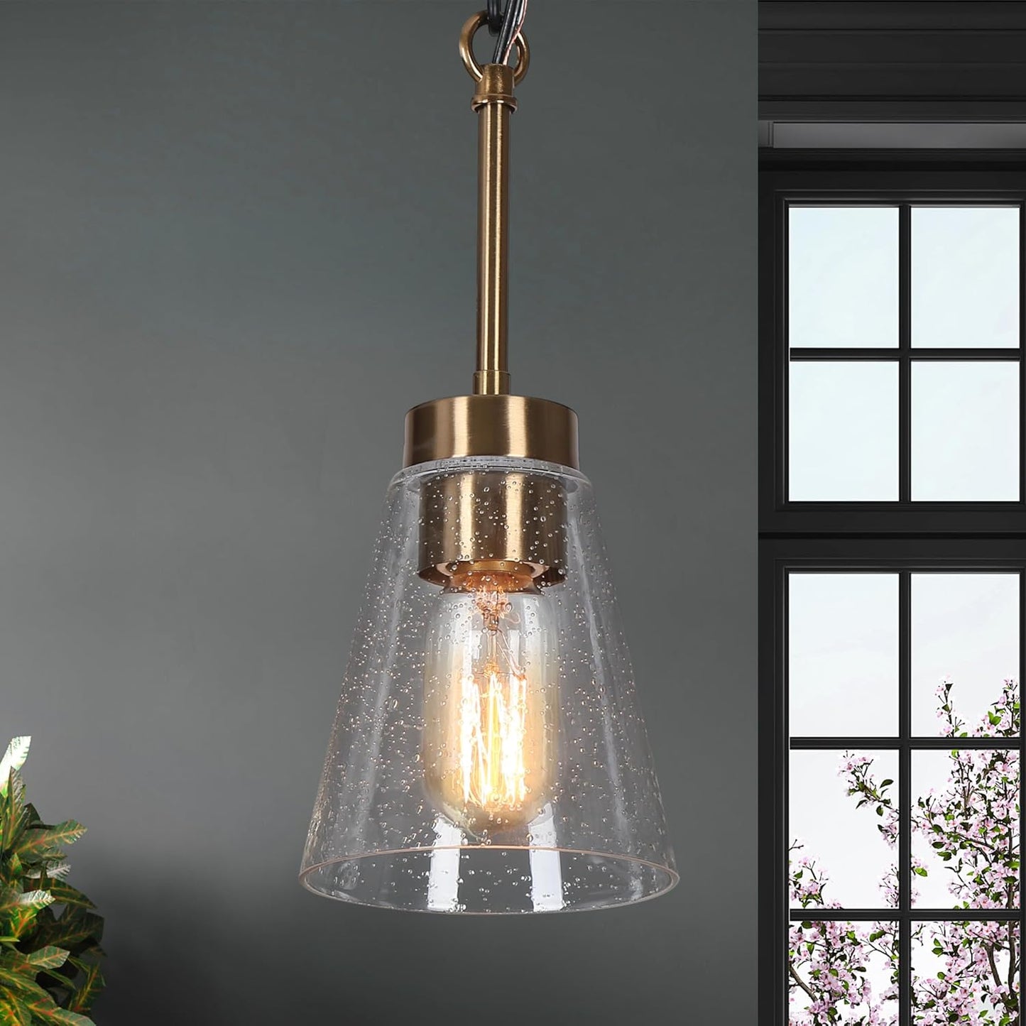 KSANA Black Gold Pendant Light, Modern 1-Light Brass Pendant Lighting Fixture with Seeded Glass Shade and Adjustable Height for Kitchen Island, Dining Room, Foyer and Hallway