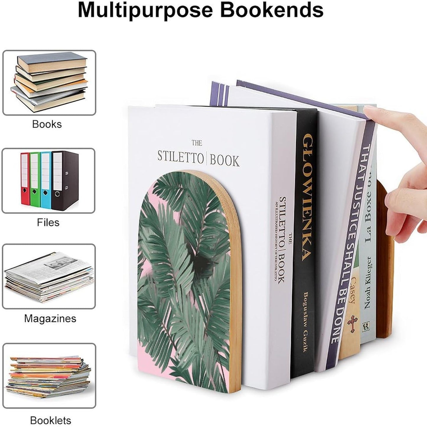 Green Palm Tree Leaves Pink Bookend for Shelves Wooden Book End Large Size Sturdy Book Holders Stoppers with Metal Base for Bookshelves Slick Decorative Bookends Stands