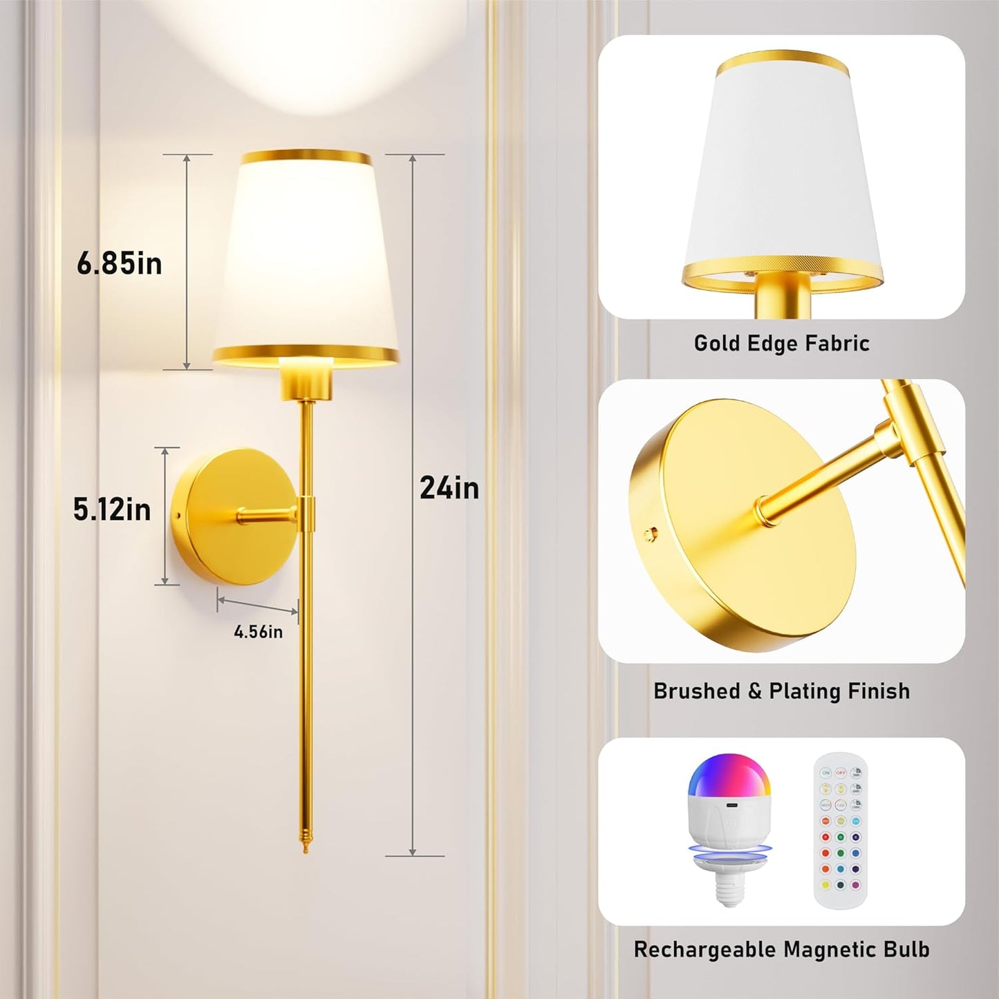 StarLume Battery Operated Wall Sconce Set of 2, LED Rechargeable Gold Wall Lights with 5200mAh Dimmable Bulbs and Remote,15 Colors Wireless Wall Lamps for Bedroom Living Room Hallway Decor