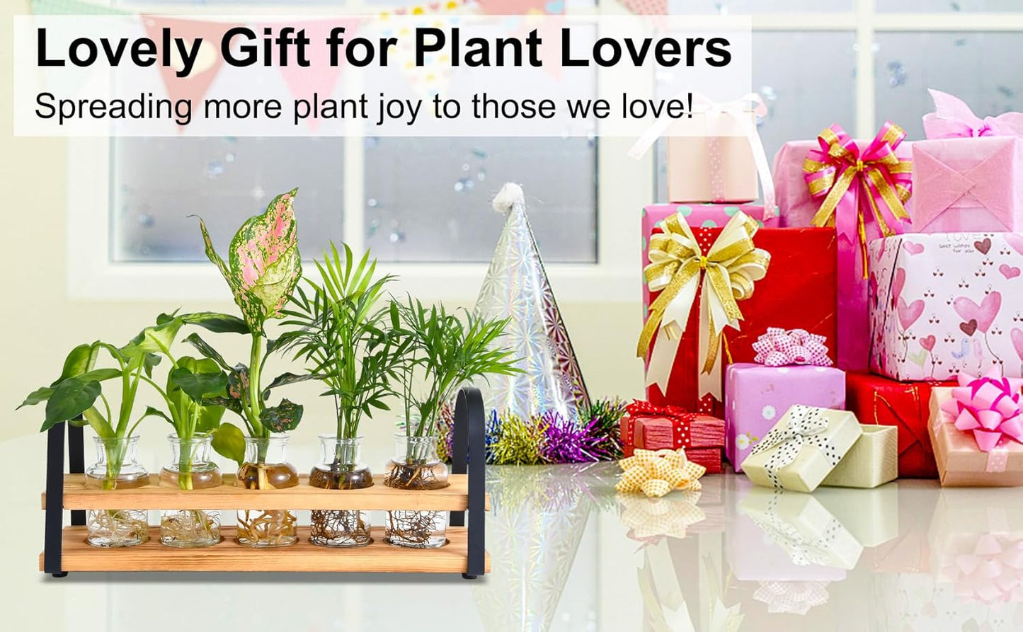 Plant Propagation Station with Wood Stand, Desktop Terrarium for Hydroponic, Flower Vase for Home, Kitchen, Office Decor, Plants Lover Gifts