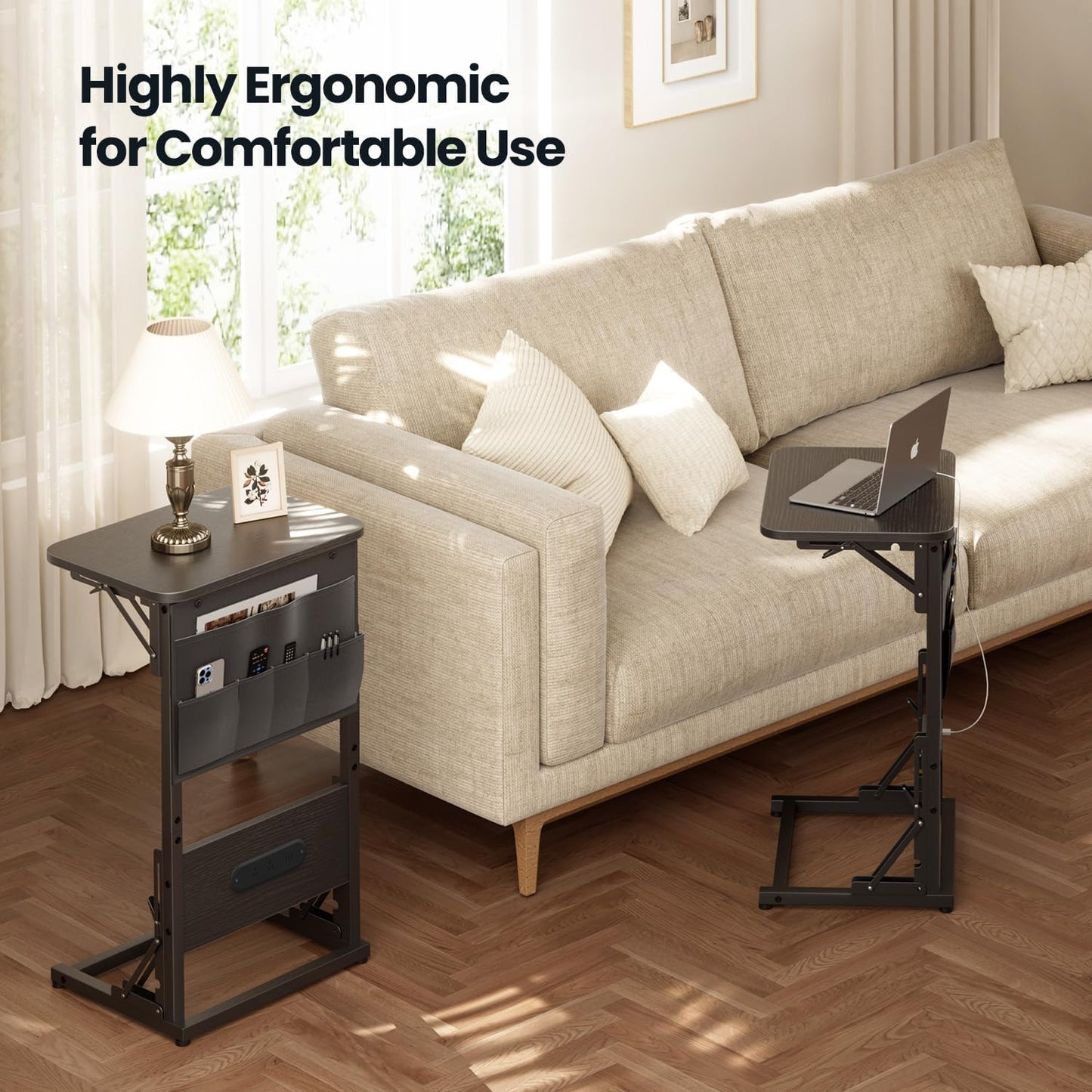 HLDIRECT C Shaped End Table with Charging Station, Couch Side Table with Storage Bag, Foldable TV Tray with 2 USB Ports and Outlets for Living Room, Bedroom, Black