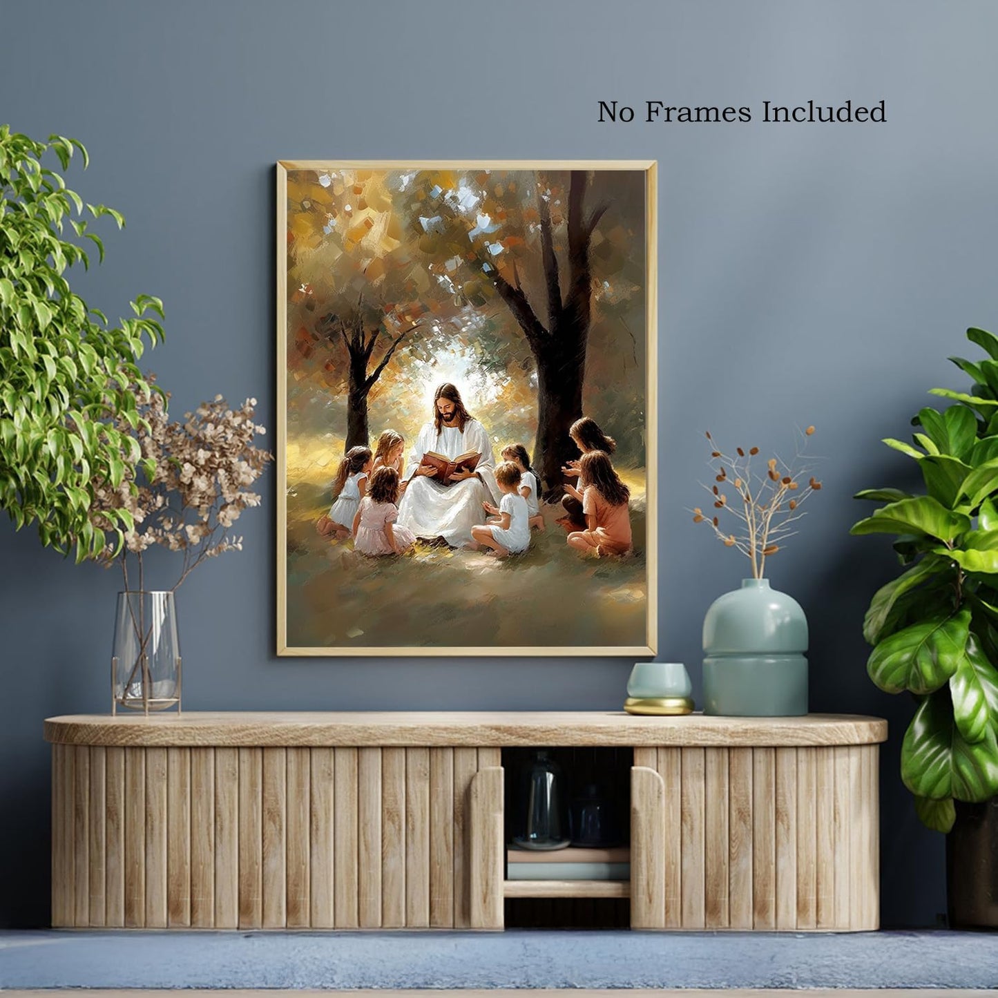 bitCNY Christian Nursery Wall Art Set of 2 – 12x16 Inch Jesus Reading with Children Under Tree, Inspirational Faith Prints 478