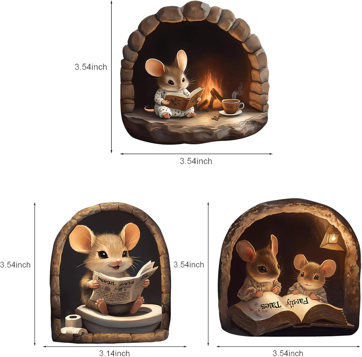 3PCS 3D Mouse Hole Wall Decals Peel and Stick – Cute Cartoon Mice Reading and Relaxing, Decorative Vinyl Wall Stickers for Kids Room, Bedroom, Nursery, Book Nook, Door Corner or Baseboard Decor