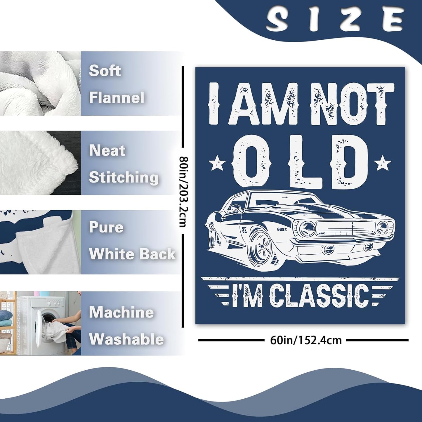 I am Not Old I'm Classic Vintage Car Gifts for Men Flannel Throw Blanket, Funny Fathers Day Birthday Ideas, Soft Blankets Cool Present for Older Husband Dad Grandpa 60" x 80"