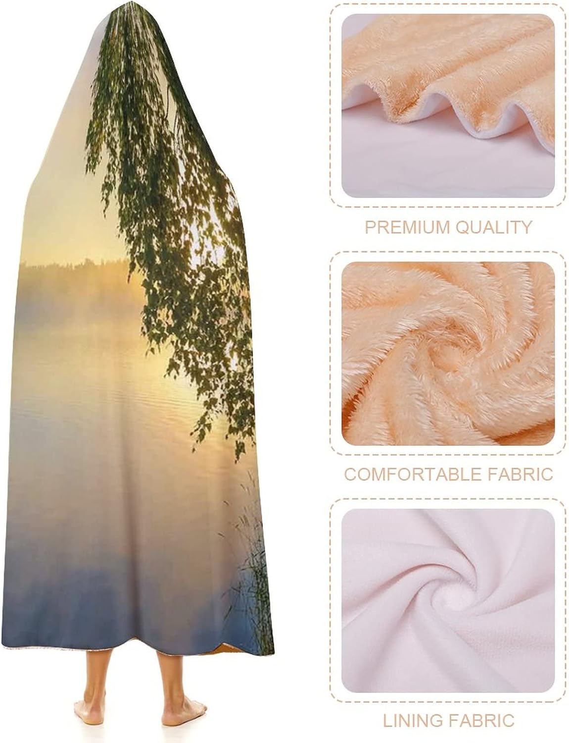 Throw Blankets, Nature Wearable Hooded Blanket for Adults, Sunny Day by Misty Lake with Tree Summer, Soft Warm Cozy, 60 x 80inches, Studying Reading Snuggling Napping Office, Fern Green Light Blue