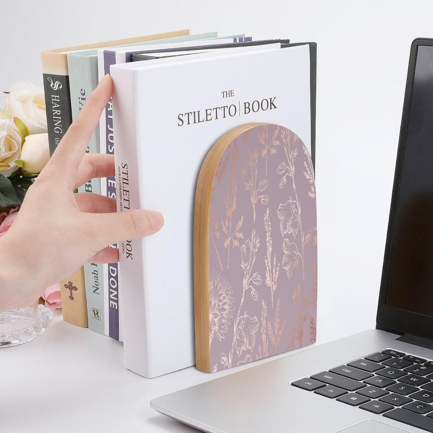 Rose Gold Floral Wooden Bookend Non-Slip Book Ends Heavy Duty Book Stopper with Metal Base Books Holderd Decorative Bookends Stands Firmly for Office Supplies