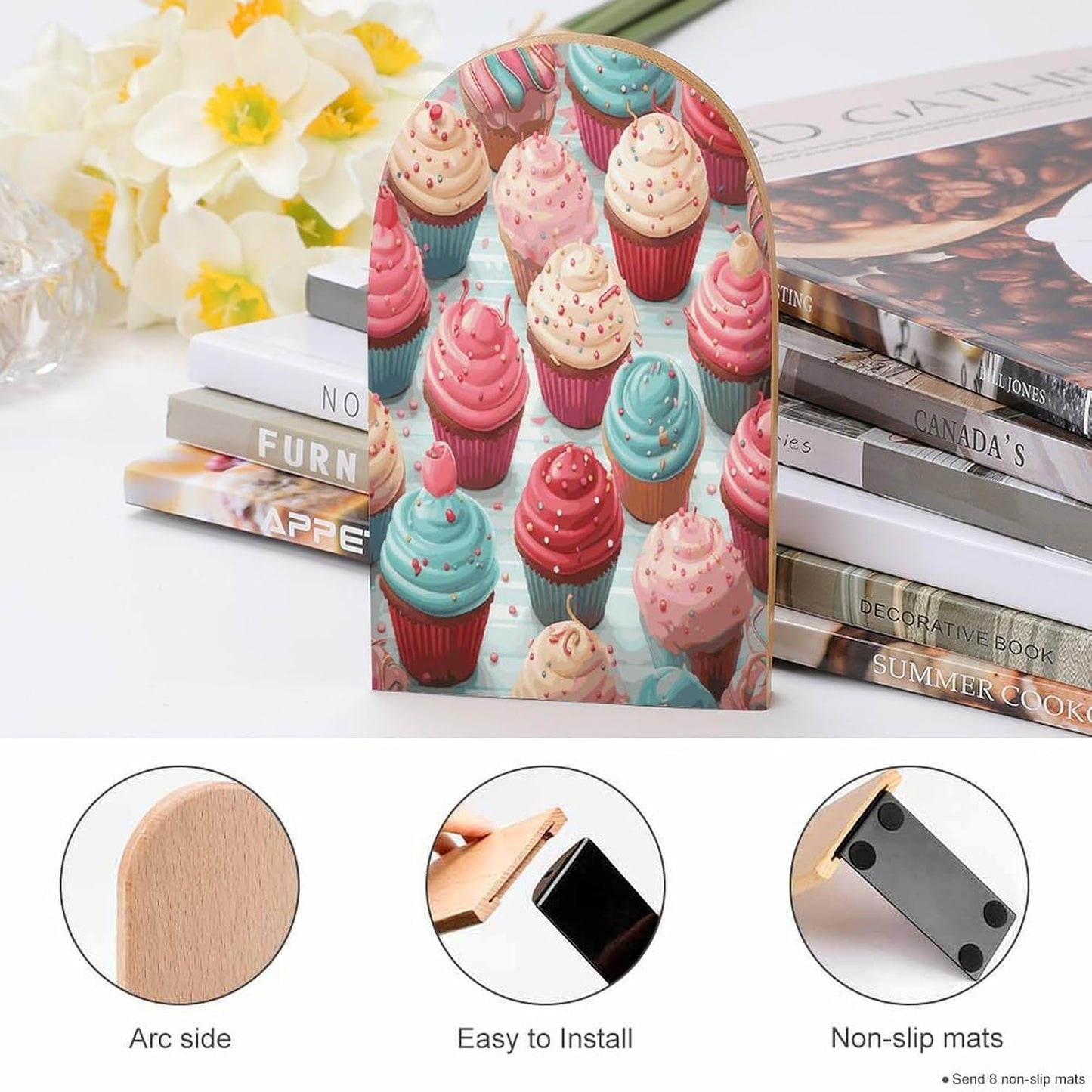 Colorful Sweet Lollipop Cupcake Donut Bookends 1 Pair Heavy Duty Book Ends for Shelves Non-Skid Bookend Supports Wooden Book Holders with Metal Base Desk Organizers Books Storage to Hold Books