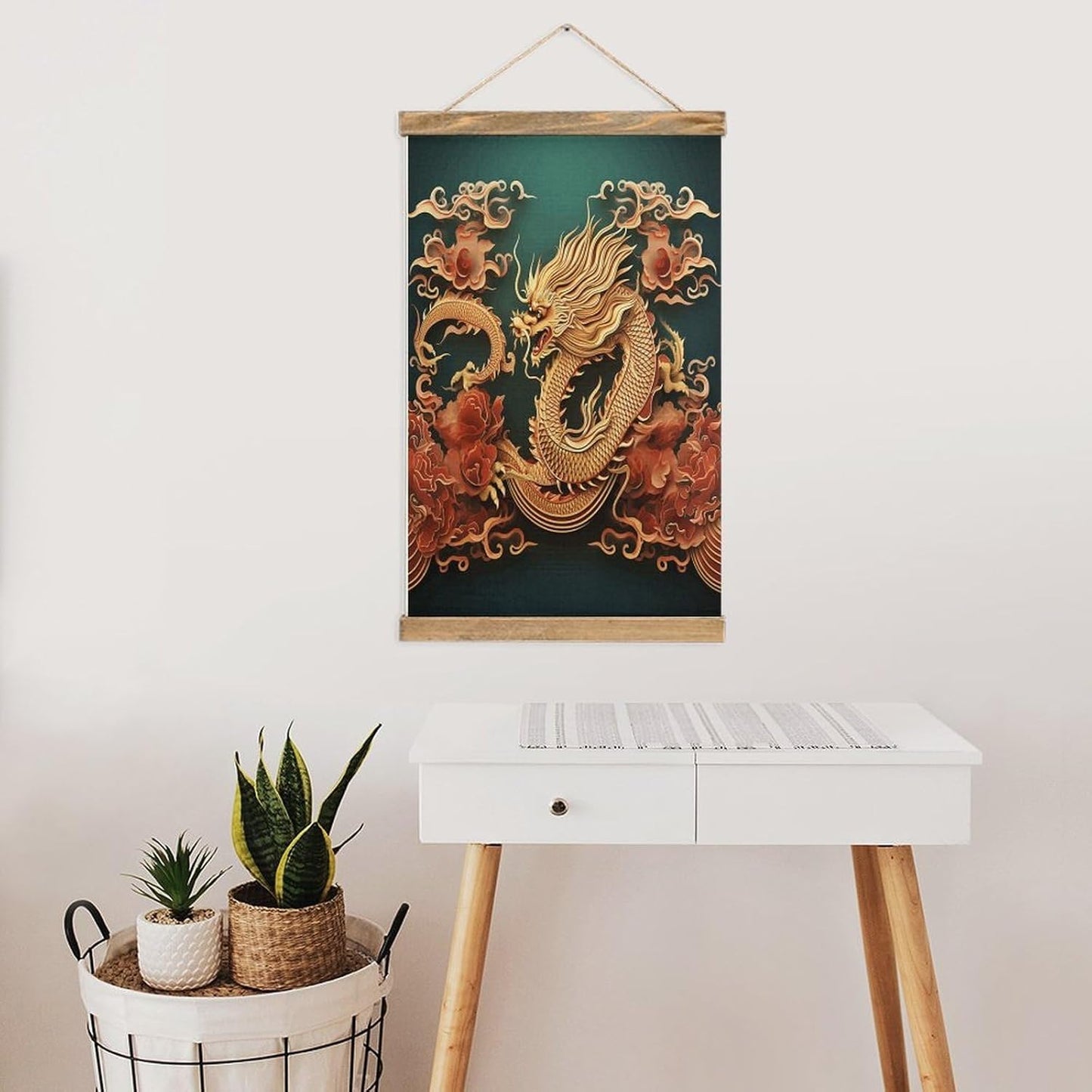 Vintage Dragon Chinese Background Poster with Wooden Frame Personalized Linen Hanging Scroll Painting Rustic Wall Hanging Illustrative Modern Artwork Decor for Home Living Room Bedroom Office