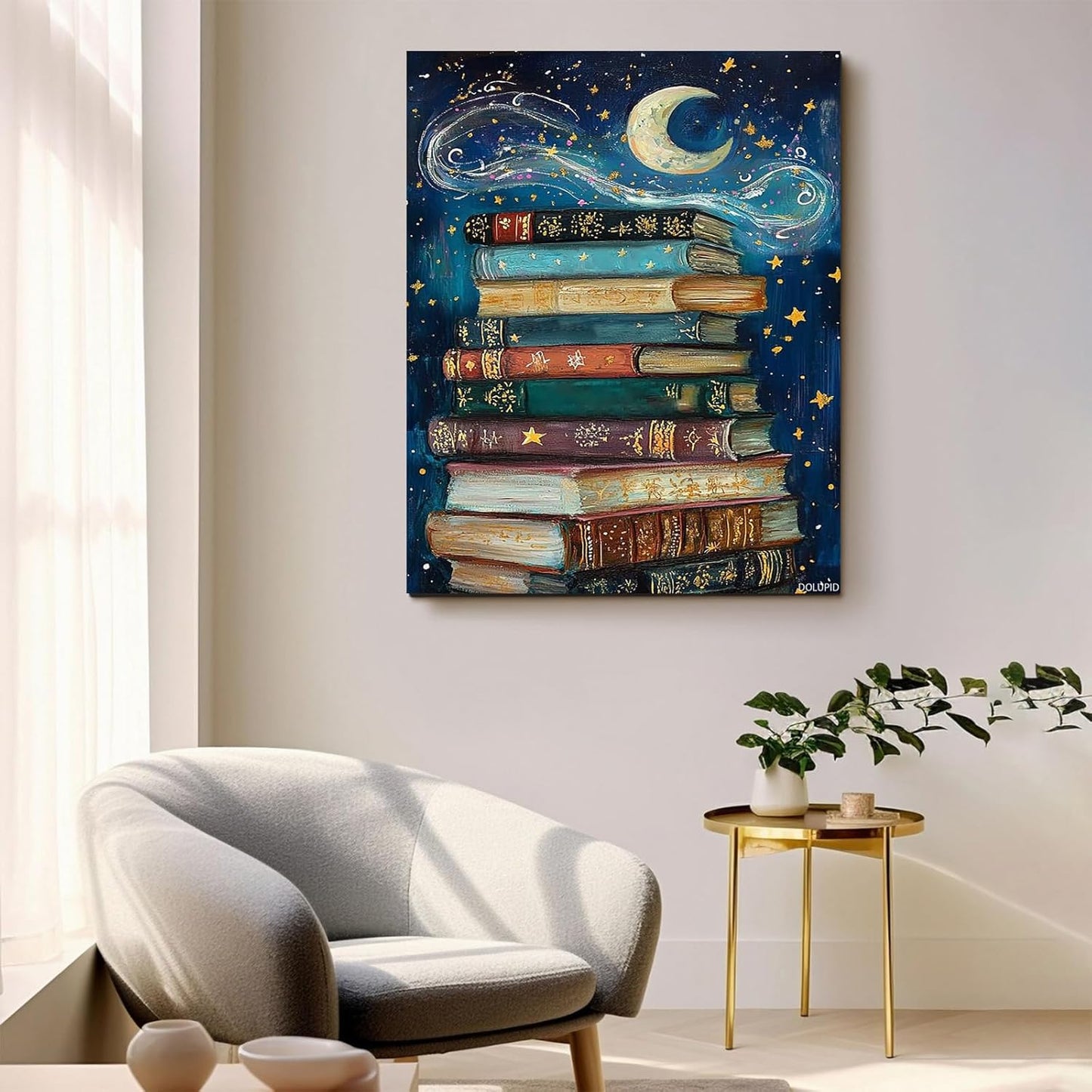 Books in the Stars, Reading Nook Print, Fantasy Print, Cozy Home Decor, Book Lover Gift, Reading Room Decor, Wall Art, Library Bedroom Modern Bookish Concept Home Decoration, 8x10inch Framed