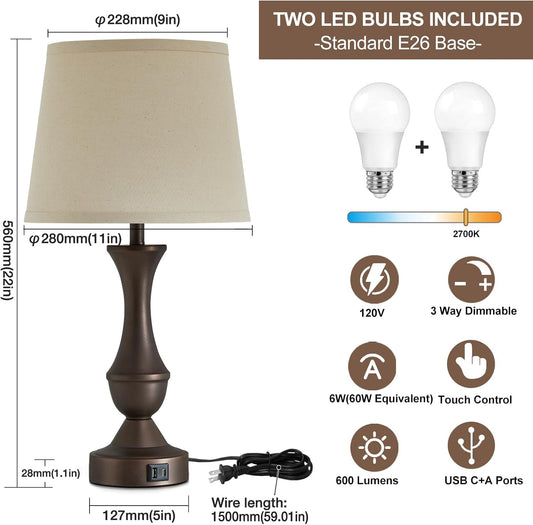 Luvkczc 22" Table Lamp Set of 2 - Vintage Brown Bedside Lamp with Beige Fabric Shade, Dimmable, USB C+A Ports, Nightstand Lamp for Living Room Bedroom (Bulb Included)