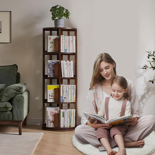 AIZYR Solid Wood Rotating Bookshelf 4 Tier Floor Standing Bookcase, Spinning Book Shelf Display Wood Narrow Storage Rack for Small Space Study Office