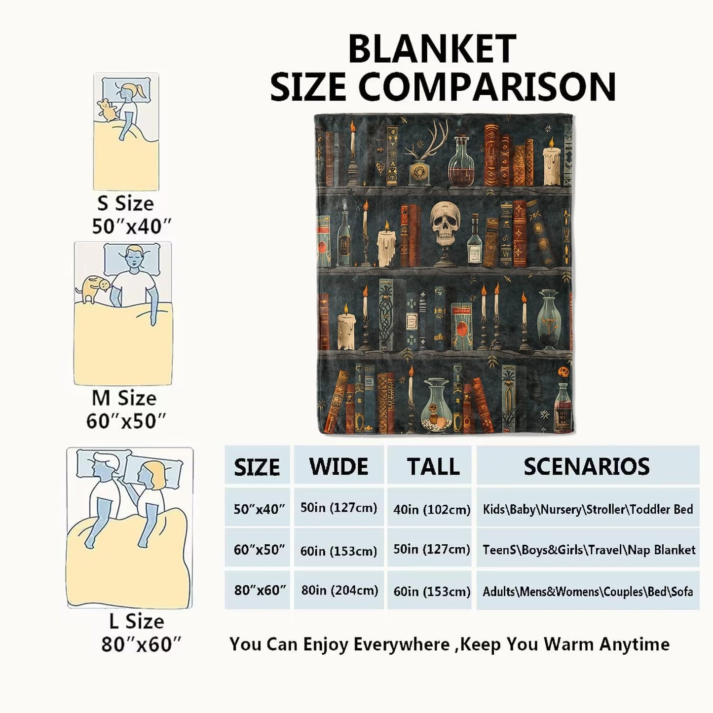 Goth Book Blanket Vintage Books & Skull Throw Blankets Gifts for Girls Women Adults Lightweight Soft Fleece Cozy for Sofa Couch Bed Room Travel Birthday Party Gothic Decor 60x80in