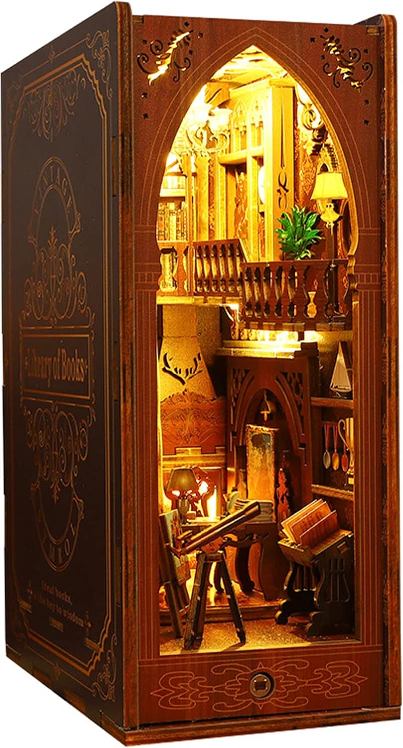 3D Wooden Magic Library Book Nook Kit - Enchanting Bookshelf Insert with Touch LED | DIY Bookend Decor | Ideal for Adults & Teens (Library)