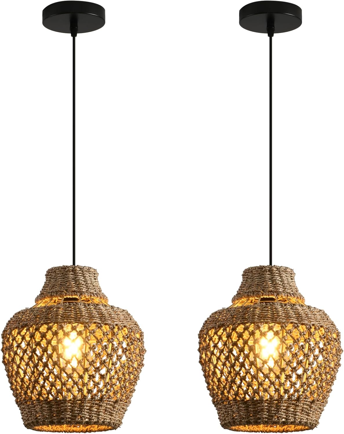 Rattan Pendant Light Fixtures,11.02" Boho Rattan Pendant Light,2-Pack Hand Woven Seagrass Chandelier for Workplace Occasions Restaurants Dining Living Bedroom Kitchen Farmhouse
