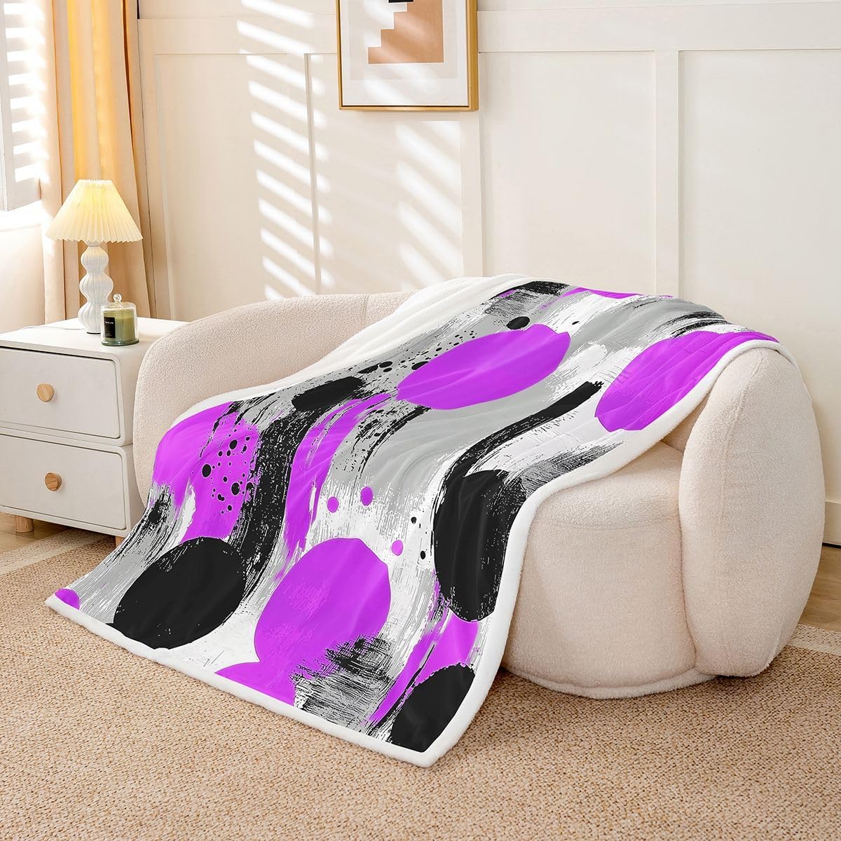 Feelyou Purple Black Circle Sherpa Throw Blanket for Couch Geometric Super Soft Cozy Fleece Modern Abstract Blanket for Winter, Plush Throw Throw 50"x60" All Season