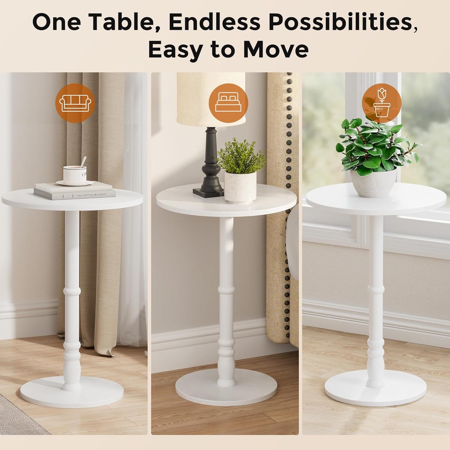 16" Round Side Tables Set of 2, Solid Wood Pillar with Wood Top & Base, Small Drink Accent Table for Living Room, Bedroom, Sofa & Office, Easy Assembly, White