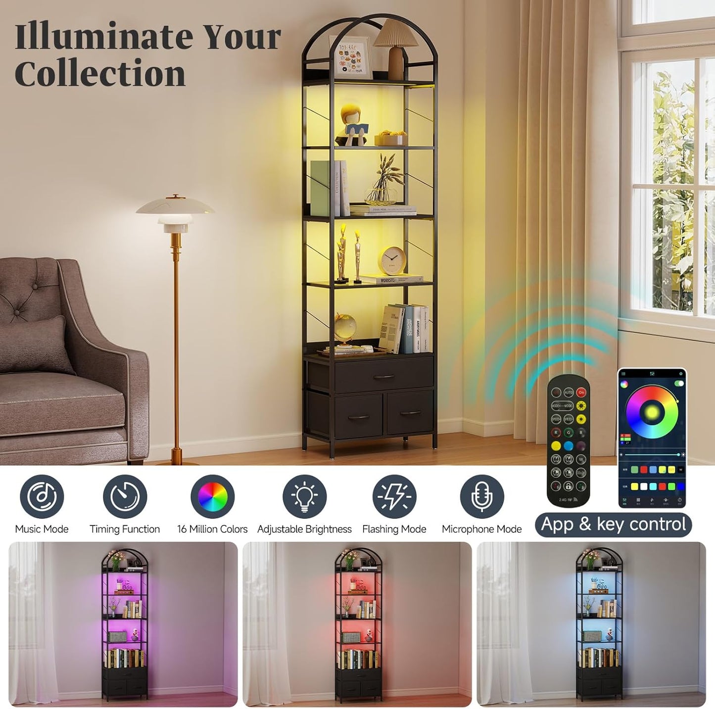 Tall Narrow Bookshelf with 3 Drawers, Arched Bookcase with 4 Legs, 84 inches 5 Tier Skinny Book Shelves with LED Lignts for Living Room, Office, Black