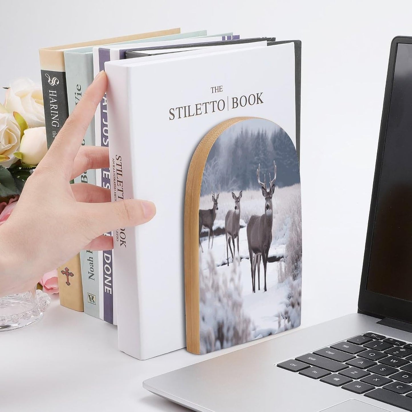 Non-Slip Bookend for Shelves Deer on Frozen Wilderness Wooden Bookends with Metal Base Decorative Book Stopper for Home Heavy Duty Wood Book Storage for Books/CDs