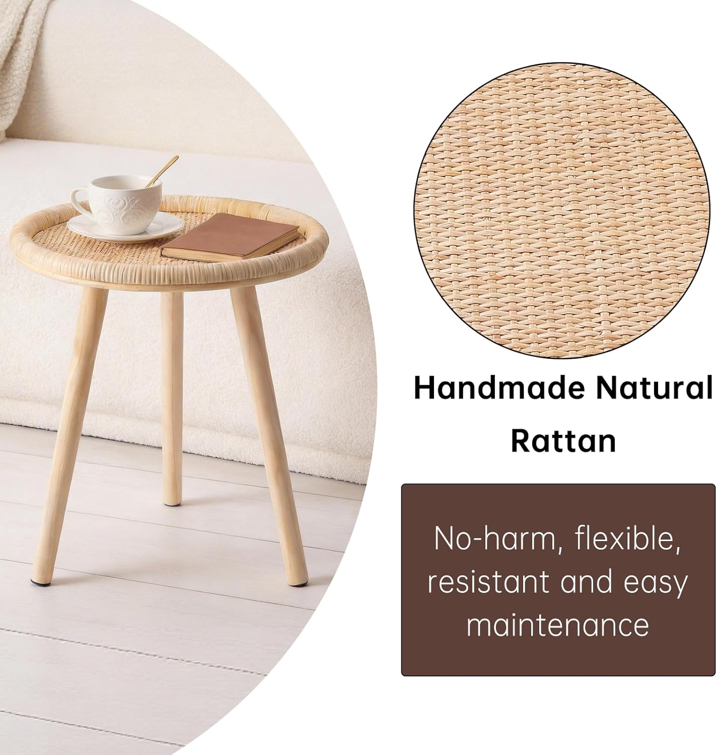 Small Side Table, Rattan Round Coffee Table, Boho Circle Side Tables End Table for Living Room, Mid Century Accent Table for Bedroom Balcony