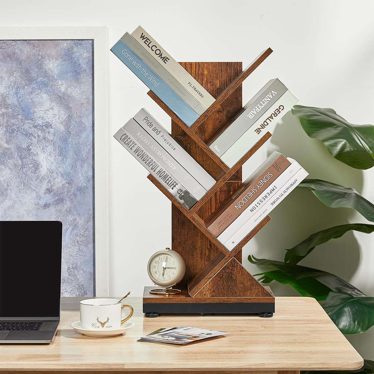 ruboka Tree Bookshelf,Retro Floor Standing Bookcase Display for CDs/Magazine/Books,Small Bookshelf for Bedroom,Living Room,Office,Balcony,Brown Storage Shelves (Brown, 5 Tier)
