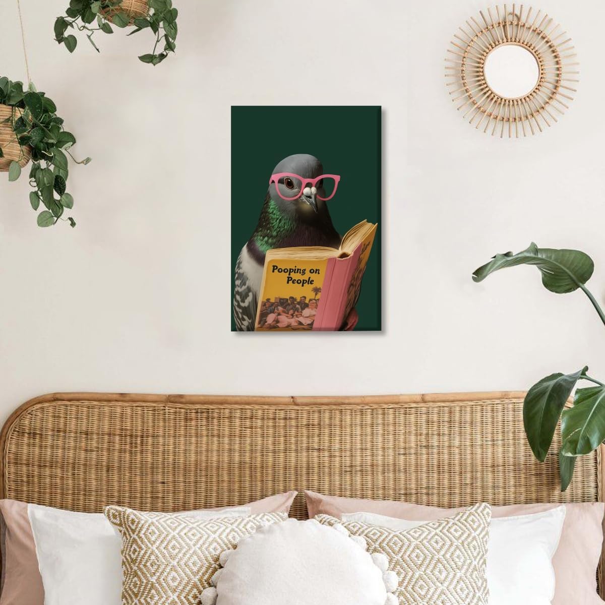 Funny Bathroom Wall Art Quirky Pigeon Reading Pooping on People Poster Trendy Bathroom Humor Painting Canvas Print Retro Bird Animal Green Wall Decor For Home Toile Restroom 16x24inch Unframed