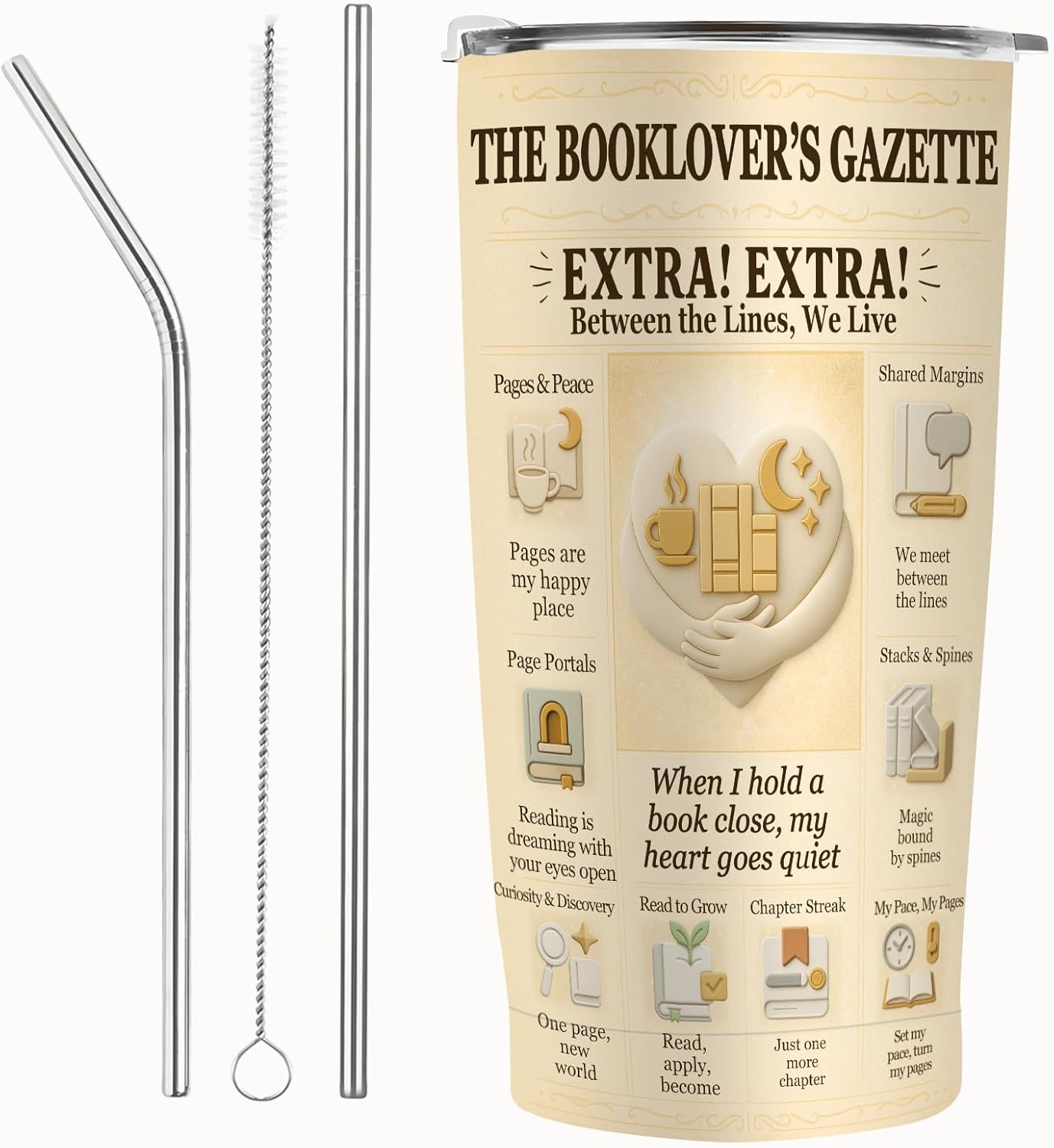 Book Lover Reading Tumbler 20 oz - Vintage Newspaper Reading Cup, Stainless Steel Double-Wall Vacuum Insulated, Lid & Straw, Car-Cup-Holder Fit, Cozy Gift for Readers, Book Club, Librarian, Teacher