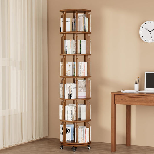 6 Tier Rotating Bookshelf Tower, 360° Spinning Bookcase with Wheels, Solid Wood Round Revolving Shelf for Living Room, Office, Small Spaces, Ergonomic Design for Kids & Adults