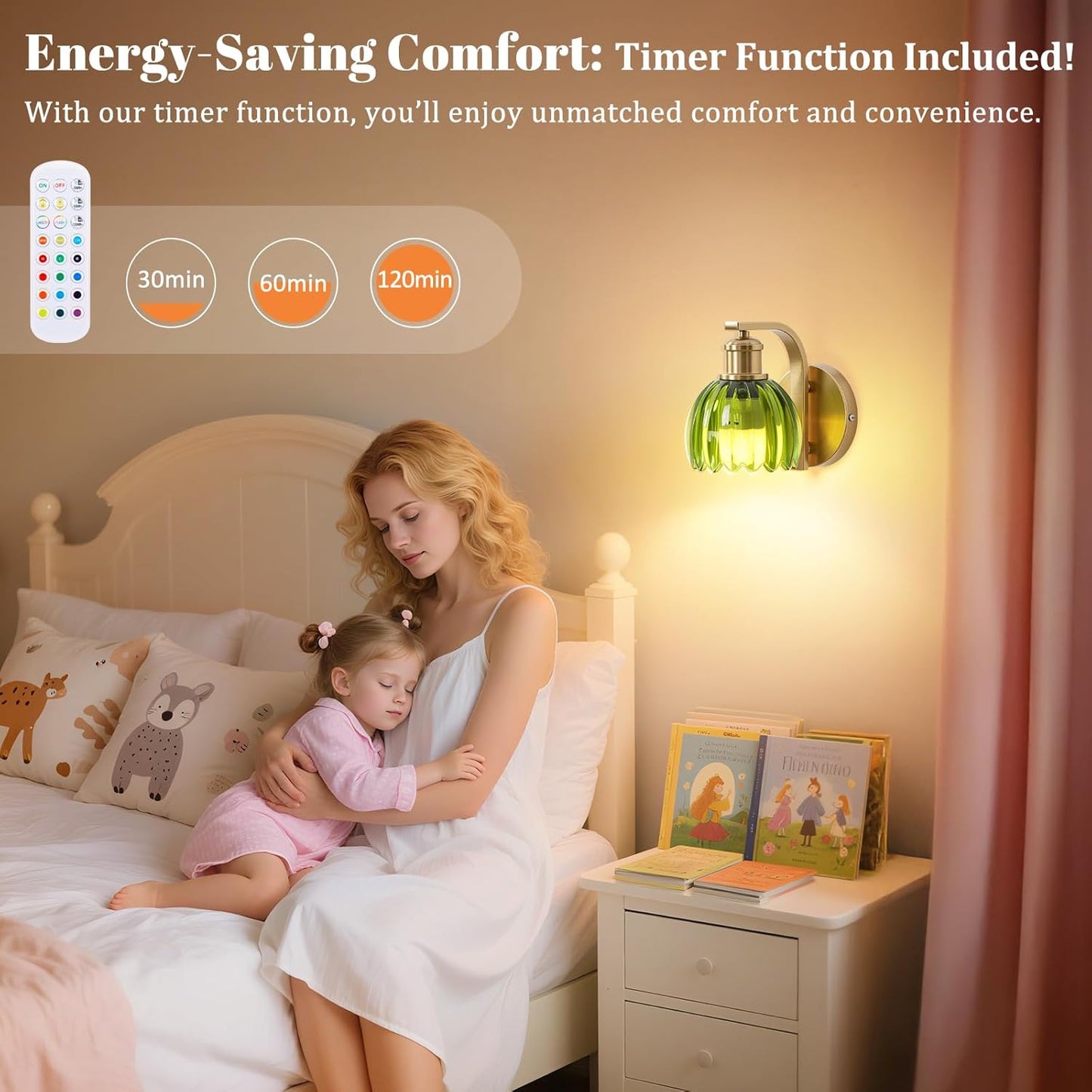 VerRon Rechargeable Battery Operated Wall Sconce with Green Glass Lampshade, Wireless Wall Scone Decor with Remote Control, 15 Colors Gold Wall Light for Bedside Hallway Bedroom Doorway