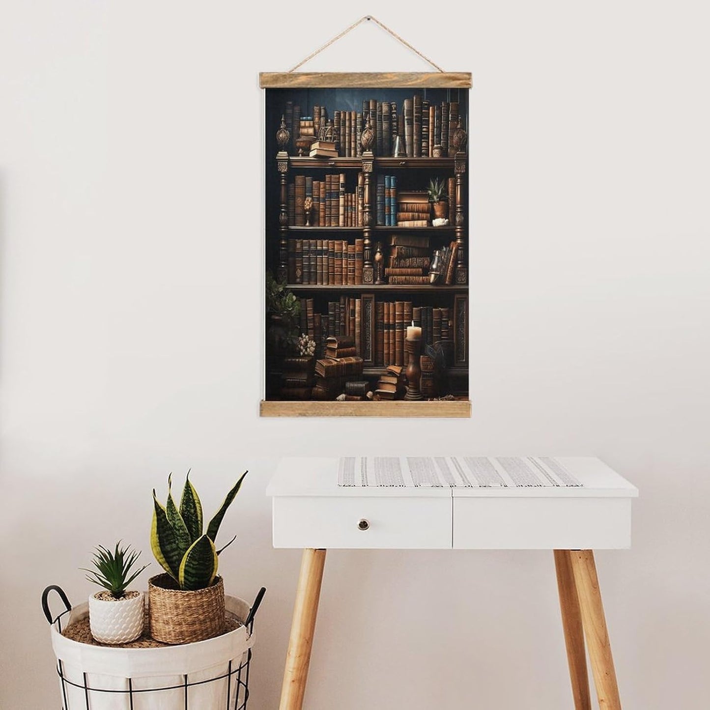 Vintage Books on The Bookshelf Poster with Wooden Frame Personalized Linen Hanging Scroll Painting Rustic Wall Hanging Illustrative Modern Artwork Decor for Home Living Room Bedroom Office