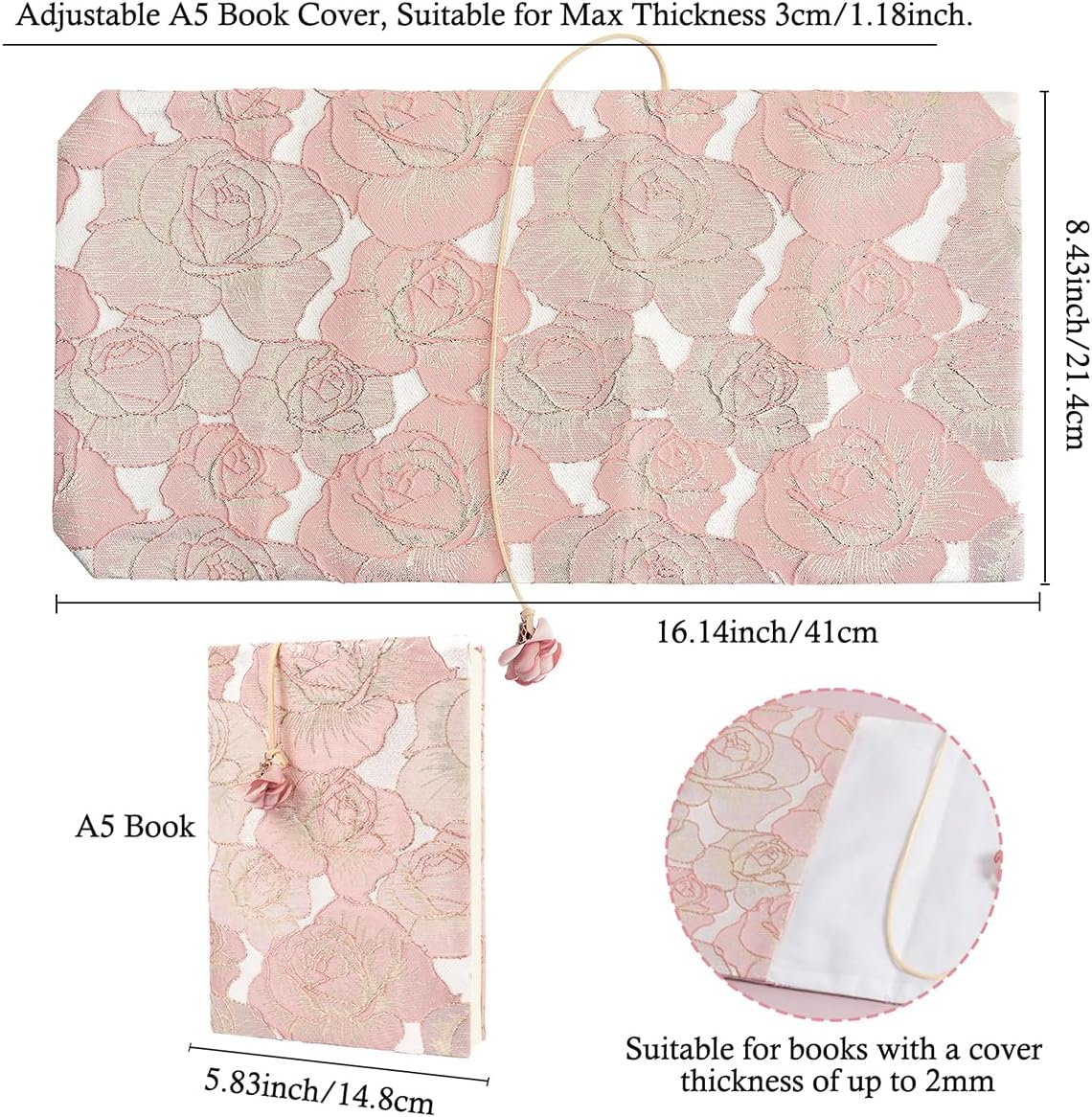 Book Cover Protector for Paperback, A5 Book Cover for Hardcover, Soft Cloth Book Covers - Pink Rose Floral Design, Adjustable Book Sleeve Fit for 5.5×8.5 inch Hardcover Notebook Textbooks Bible Novels