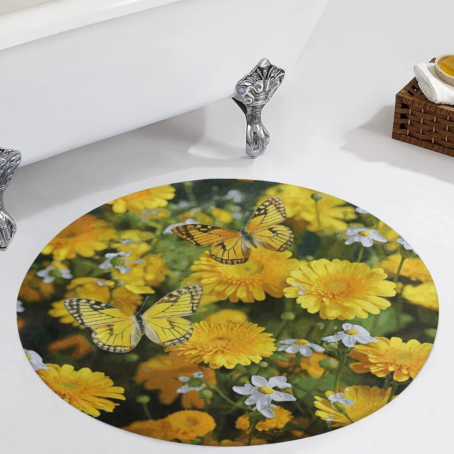 Yellow Butterfly and Yellow Daisies Circle Rug Retro Luxury Coral Velvet Floor Mat Non Slip Soft Indoor Floor Carpet Comfy Thickened Area Rugs Modern Aesthetic Minimalist Carpets for Home Decor
