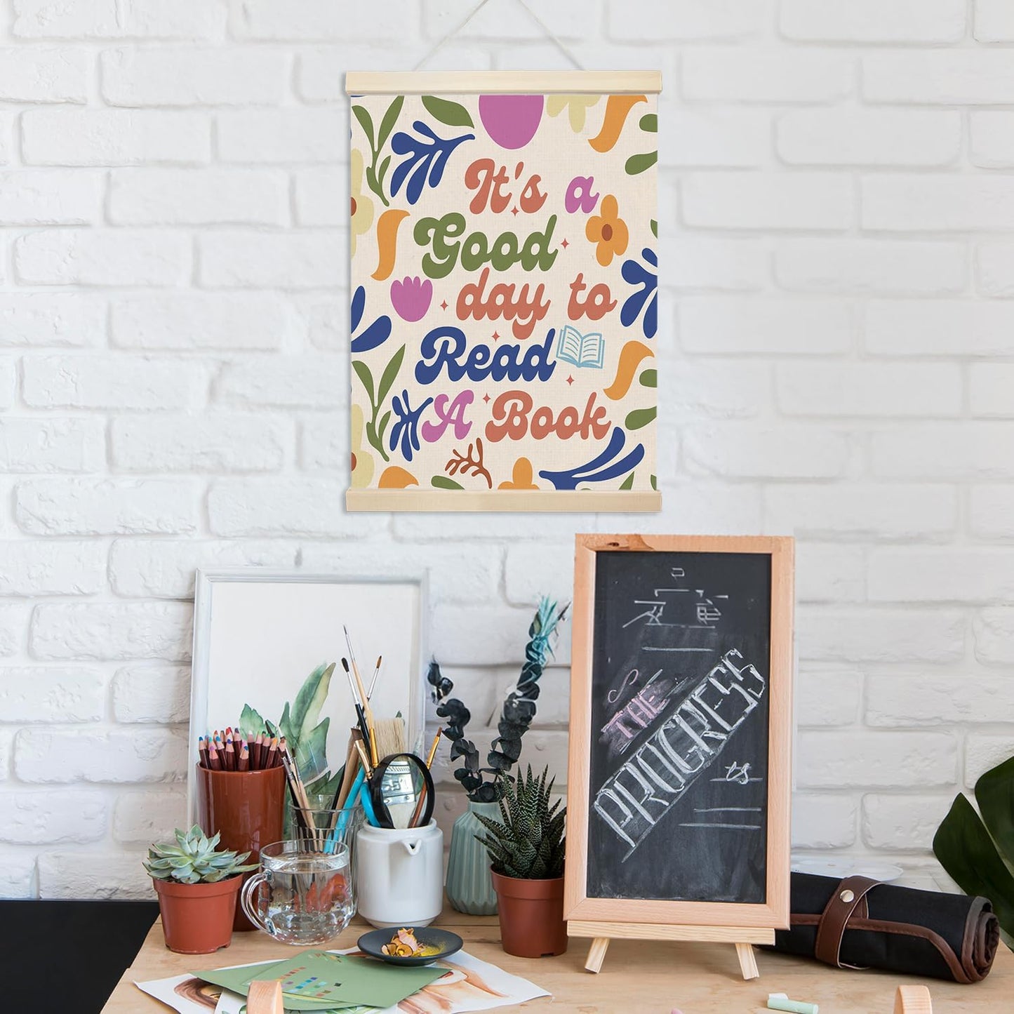 Xmsaitar It's A Good Day to Read A Book Floral Poster Hanger Frame Wall Art, Classroom Prints for Wall Decor, Reading Pictures Wall Hanging Decor for Book Lovers Library Reading Nook Corner 12x16in