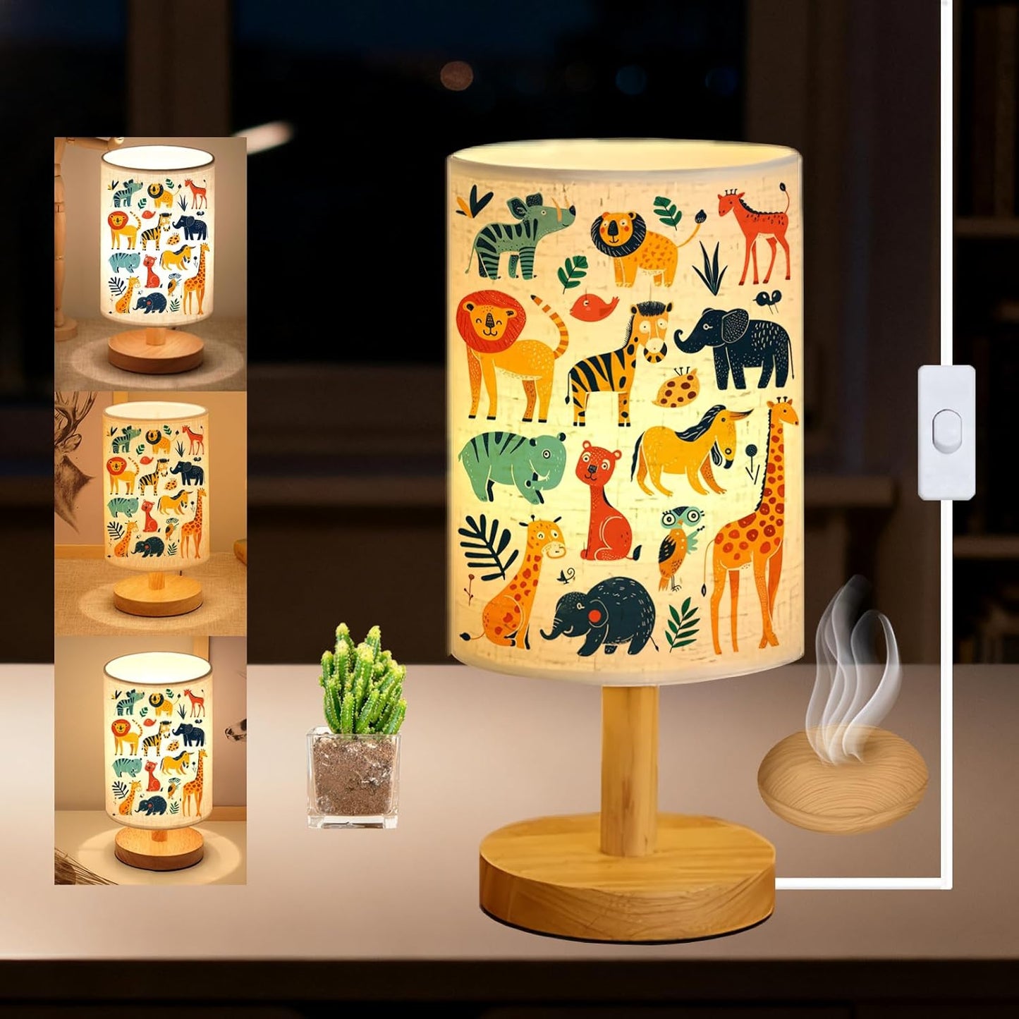 Safari Animal Kids Bedside Table Lamp for Bedroom, 3 Colors Nightstand Light Lamp with Wood Base Round Flaxen Fabric Shade Desk Reading Lamp for Girls Boys Room Decor, Animal Nursery Stuff Boys Gifts