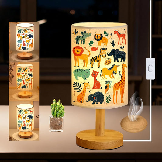 Safari Animal Kids Bedside Table Lamp for Bedroom, 3 Colors Nightstand Light Lamp with Wood Base Round Flaxen Fabric Shade Desk Reading Lamp for Girls Boys Room Decor, Animal Nursery Stuff Boys Gifts