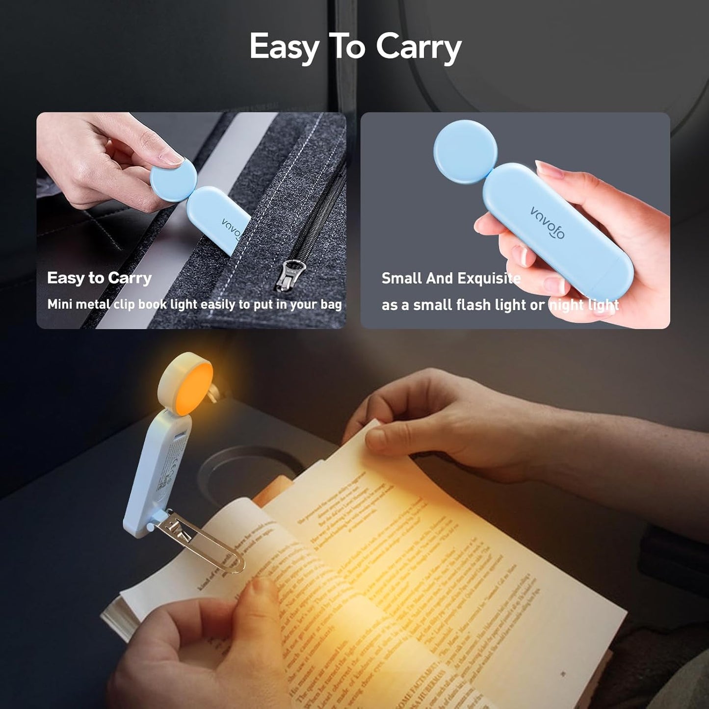 VAVOFO USB Rechargeable Book Light, Blue Lighting Blocking, Amber Light Clip On Bookmark Shaped 6 LEDs Reading Light, Eye Care for Bookworms Reading in Bed with 9 Lighting Modes (Light Blue)