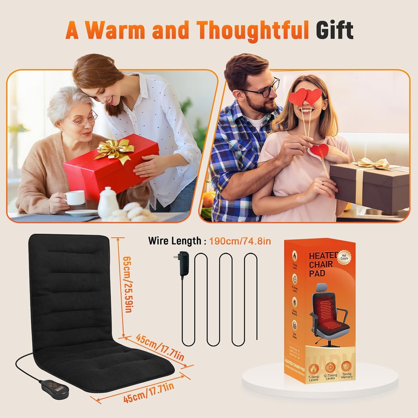 Heated Seat Cushion for Office - 12V Chair Heating Pad - Thick Seat Warmer wiht 7 Temp Levels & 12H Timer- Fast Heated Cover for Back,Hips Etc.Gift Packaging（Black）
