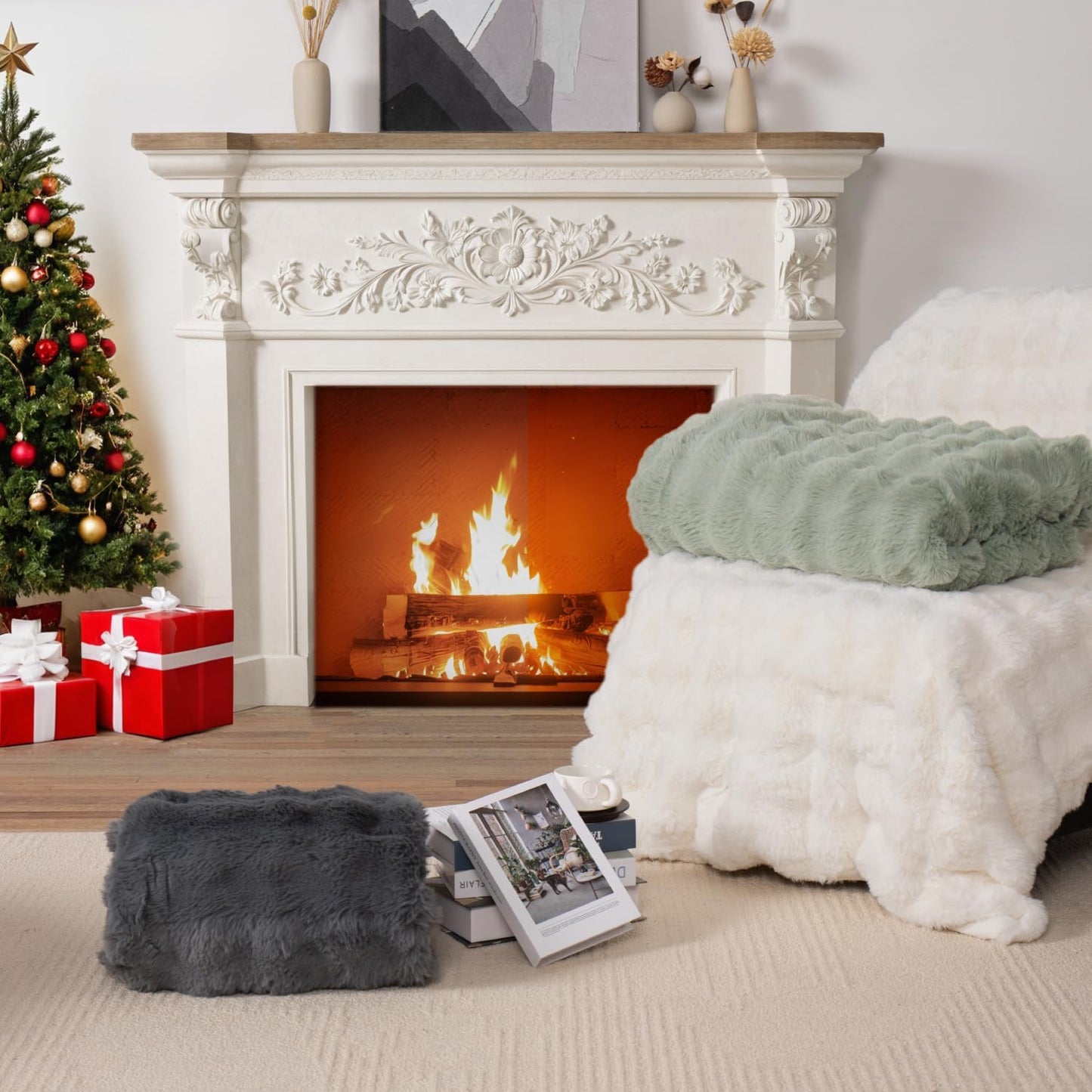 Faux Fur Throw Blanket, Gifts for Women Men, 50x60 Inches Soft Bubble Rabbit Fuzzy Blanket for Bed, Living Room, Plush Cozy & Fluffy Fall Blankets - Cream White