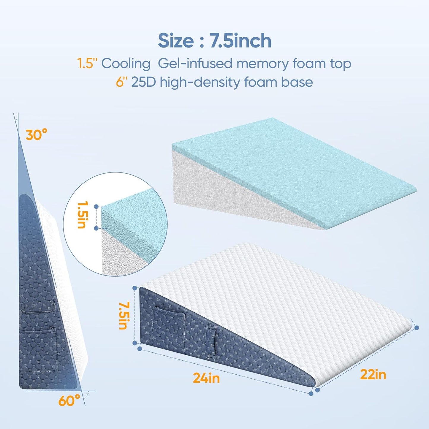 Wedge Pillow for Sleep, 7.5inch Bed Wedge Pillow for Headboard, Acid Reflux, Heartburn, GERD, Neck Pain, Cooling Memory Foam Top, Removable Washable Cover Wedge Pillow for Improved Sleep