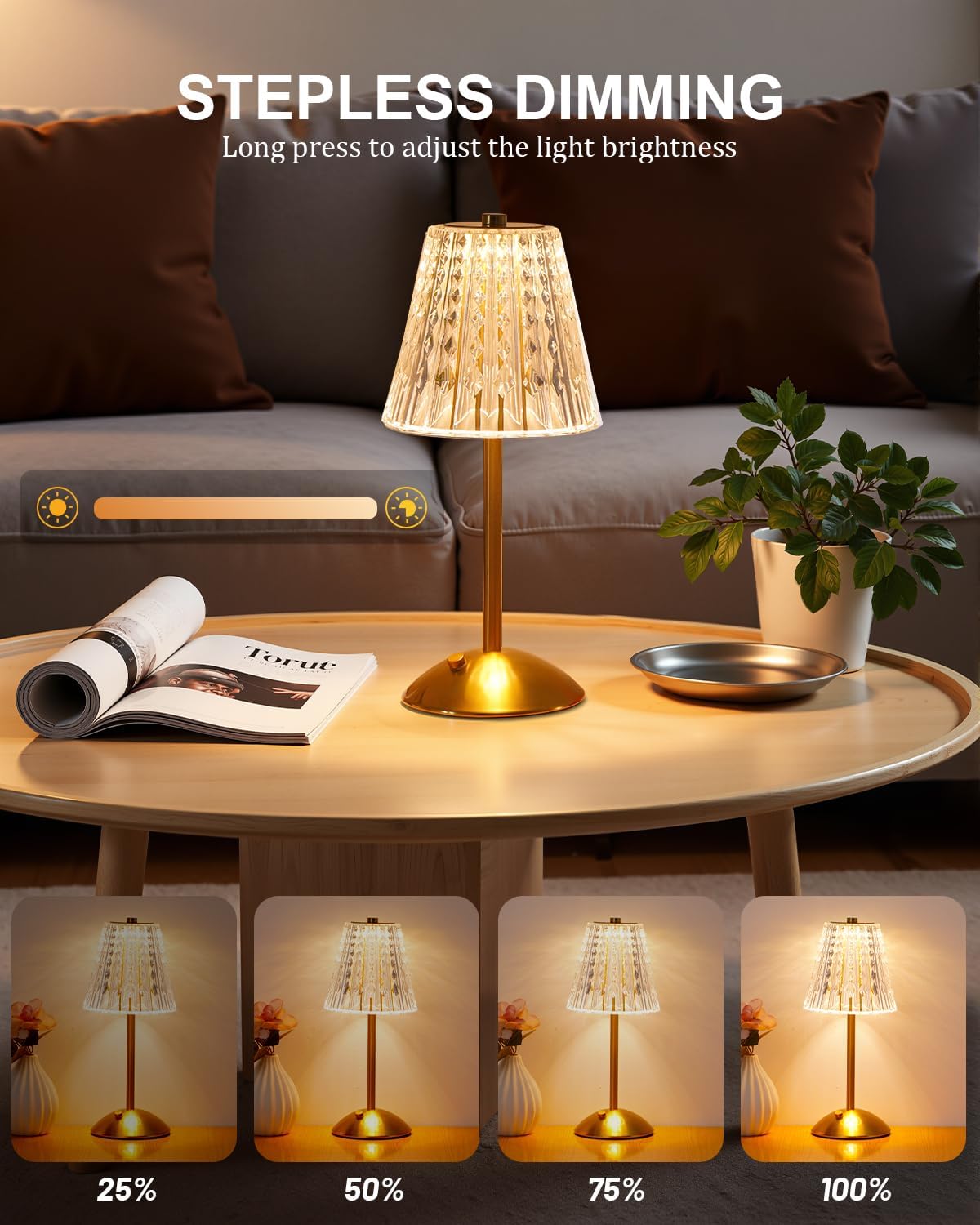 Cordless Touch Table Lamp, 3500mAh LED Rechargeable Small Dask Lamp, 3 Colors Dimmable Battery Operated Crysta Lamp for Bedroom Restaurant Kitchen Home Decor, Gold