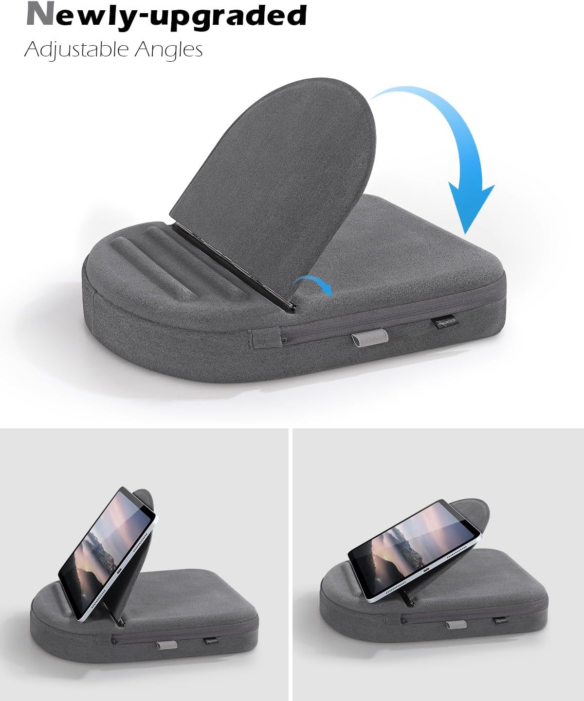 MoKo New Tablet Pillow Stand - Adjustable Viewing Angles Design, Tablet Pillow Holder for Lap/Bed/Desk, with Stylus Pen Holder, Compatible with iPad Pro 11/10.9/10.2 Up to 11", Phone, Book, Gray
