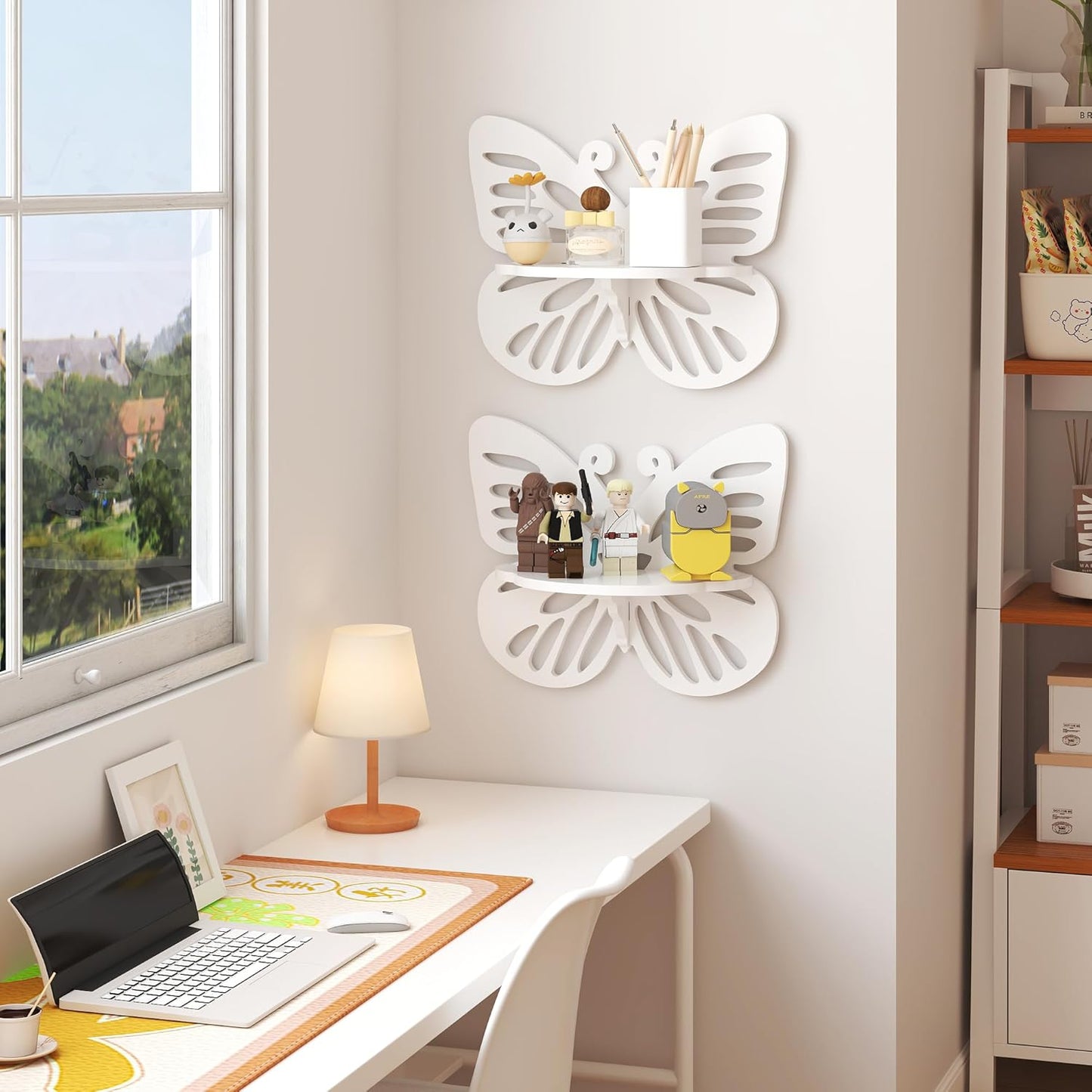 White Butterfly Shelves 2 Tier - Nursery Wall Deor Floating Shelf, Cute Wall Display Rack for Kid’s Room, Small Decorative Shelf Wall Mounted, Hanging Wall Shelf for Toys, Plants Storage.