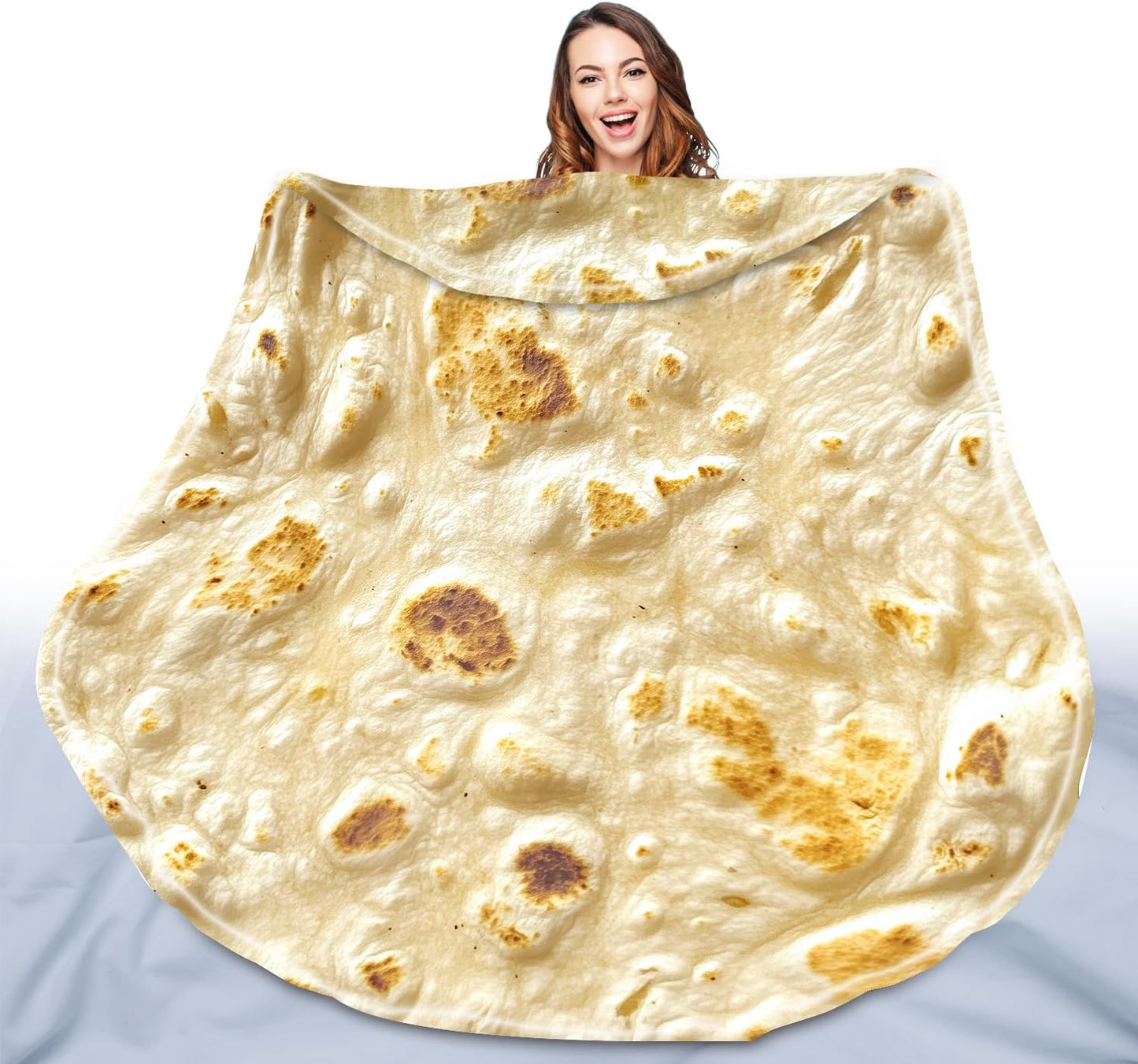 QiyI Burritos Tortilla Throw Blanket for Adult and Kids, 2.0 Double Sided Giant Food Blankets, Funny Tortilla Gifts, 60" Novelty Round Wrap Blanket, 300 GSM Warm Soft Flannel Taco Blanket, Yellow