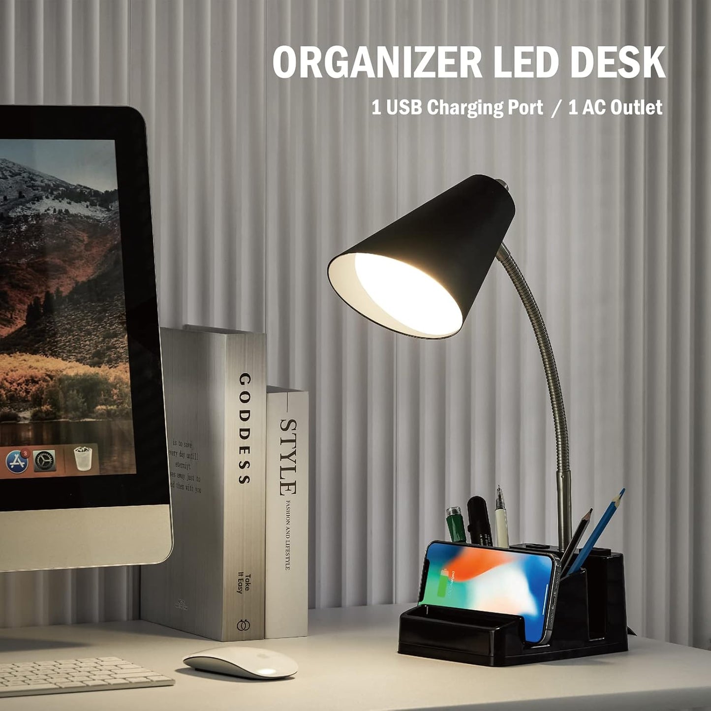 USB 충전 포트 1개와 AC 콘센트 1개가 있는 LED 책상 램프, 오거나이저 베이스, 조절 가능한 목, 온/오프 스위치, 독서, 작업, 공부를 위한 현대적인 테이블 램프, 부드럽고 따뜻한 백색광, 눈 보호(블랙)